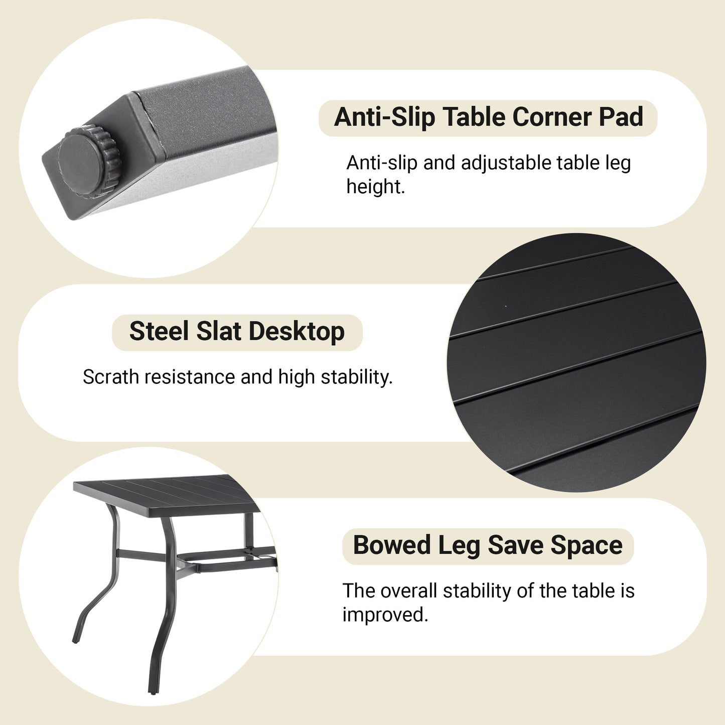 Outdoor Dining Table for 6, Powder-Coated Steel Slat Top with 2.16" Umbrella Hole, Anti-Slip Pads, E-Coating Frame, All-Weather Black Patio Table for Garden, Poolside, Backyard