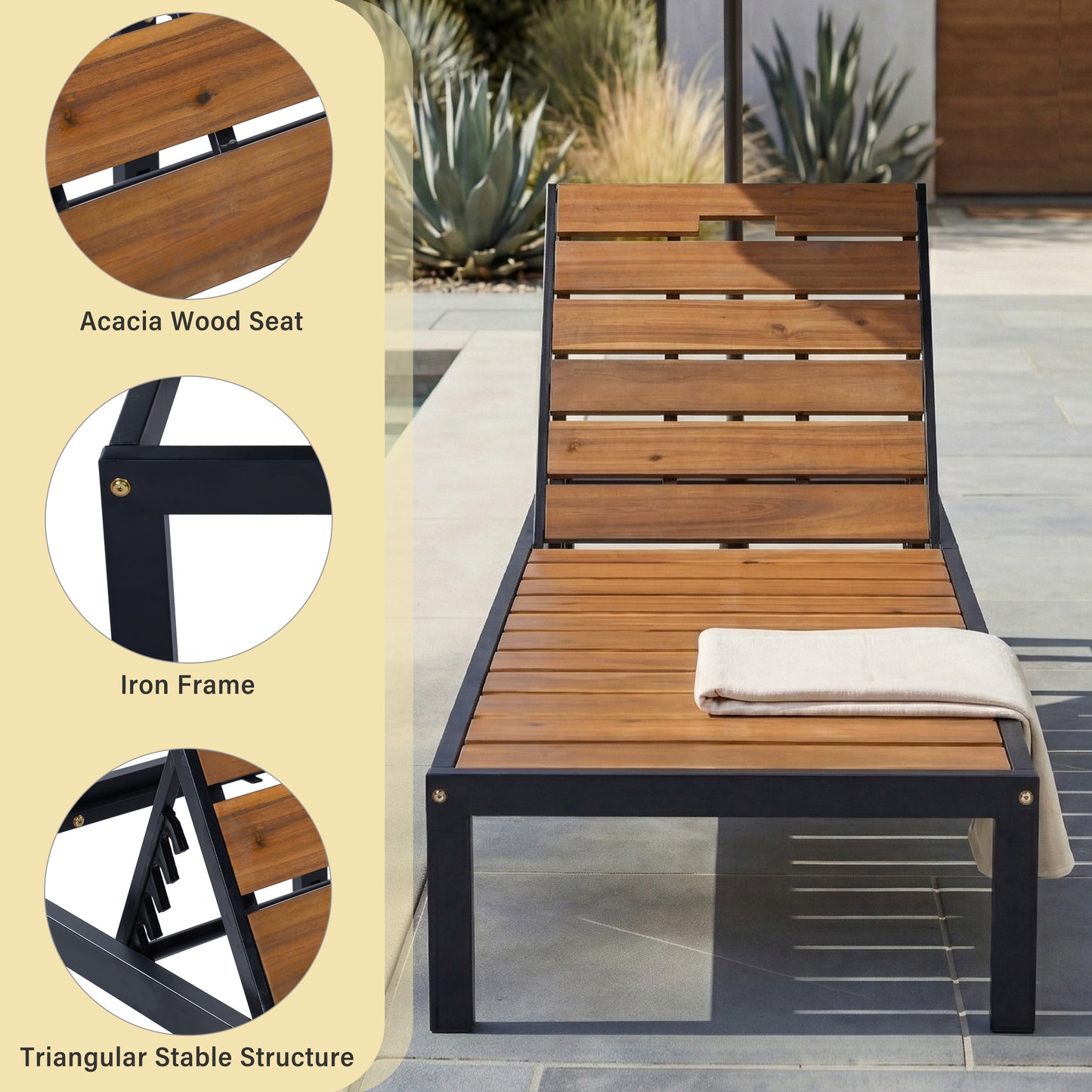 Outdoor Chaise Lounges Pool Lounge Chairs Outdoor Daybed Recliner with Adjustable Backrest for Patio, Poolside or Beach, Black+Natural