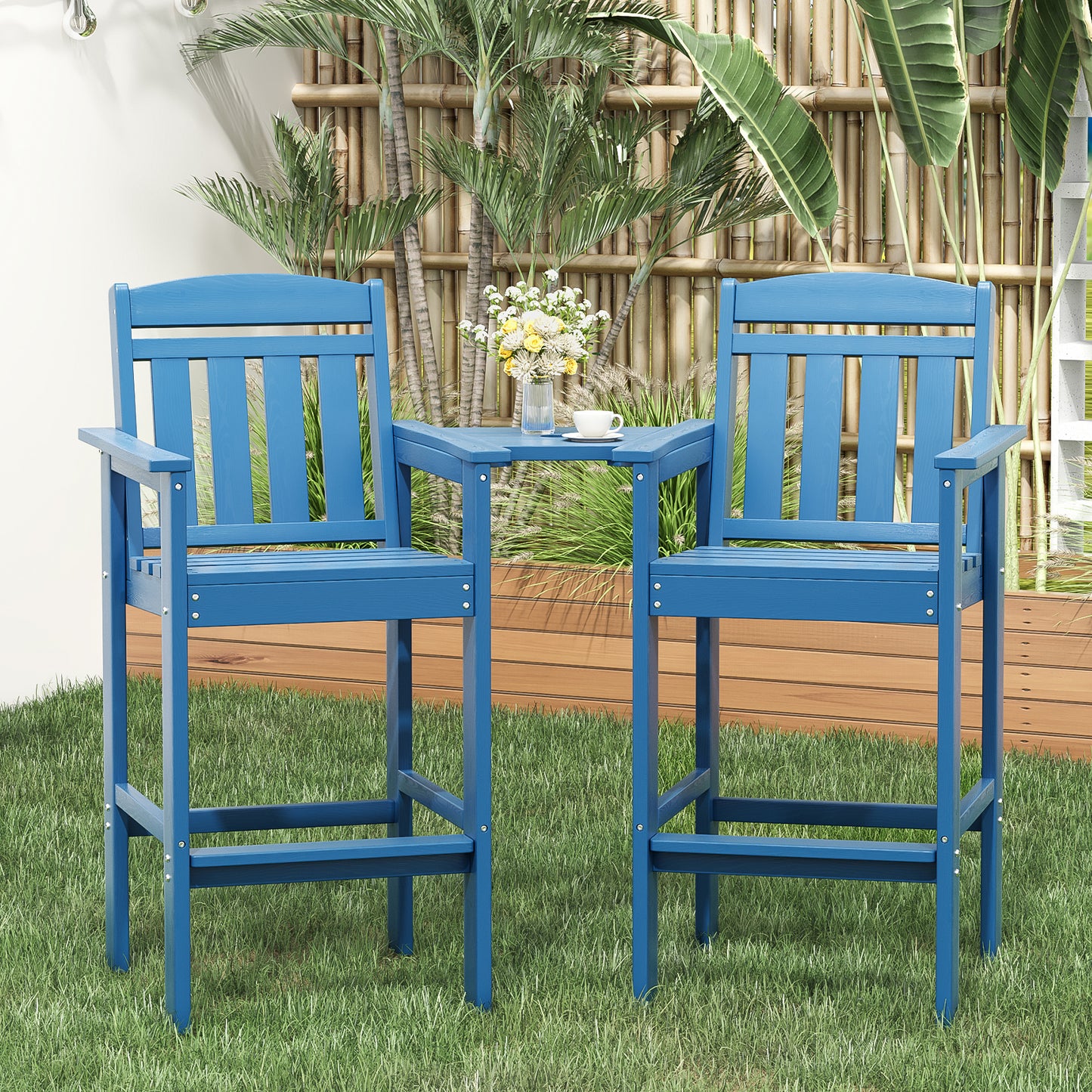 Tall Adirondack Chairs Set of 2, HDPE Adirondack Bar Stools with Connecting Tray, Bar Height Adirondack Chair Patio Barstool, Ideal All Weather Tall Patio Chair for Balcony, Poolside, Backyard