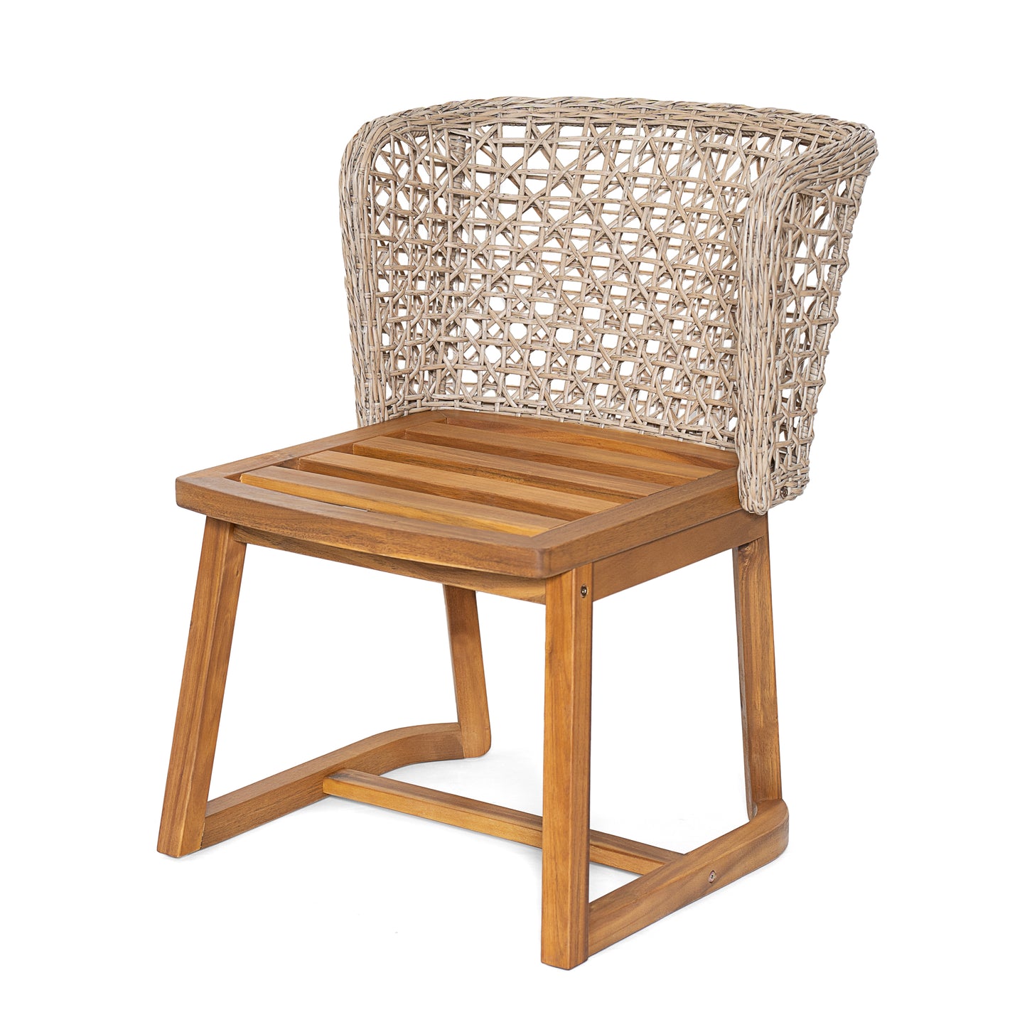 Outdoor Acacia Wood Dining Chairs (Set of 2), Teak Finish Patio Chairs with Beige Cushion & Multi Light Brown Wicker Back, Weather Resistant Side Chairs for Garden, Backyard, Patio