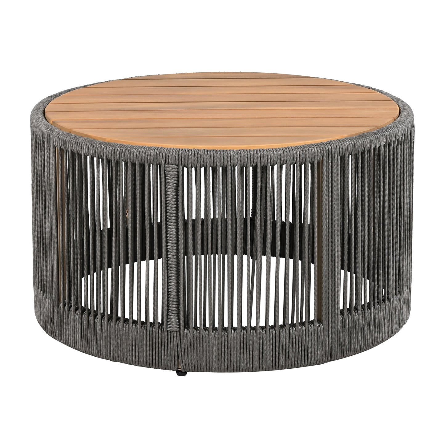 Outdoor Rattan rope & Acacia Wood Coffee Table - Patio Balcony Furniture for Garden, Yard, Balcony - Weather Resistant (Rope Grey, Natural Iron)