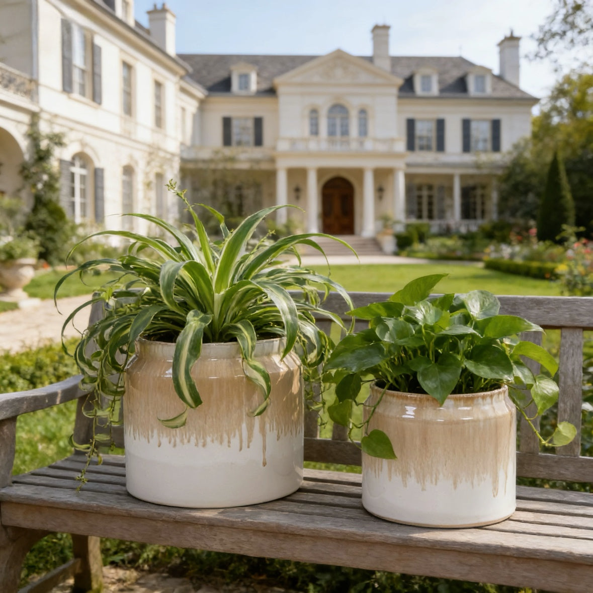 Handmade Non-Porous Ceramic Planter Set of 2, 6" & 8" Diameter, Beige Drip Glaze, for Aquatic Plants Indoor/Outdoor Shelf & Desk Use, Breathable Clay