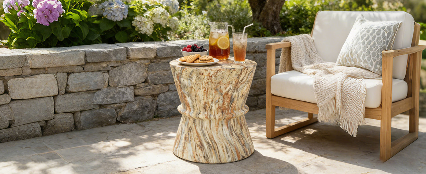U_Style Hourglass shape Outdoor Side Table, Concrete Contemporary Lightweight Accent Table with Simulated stone texture , Outdoor Accent End Table for Livingroom, Garden,