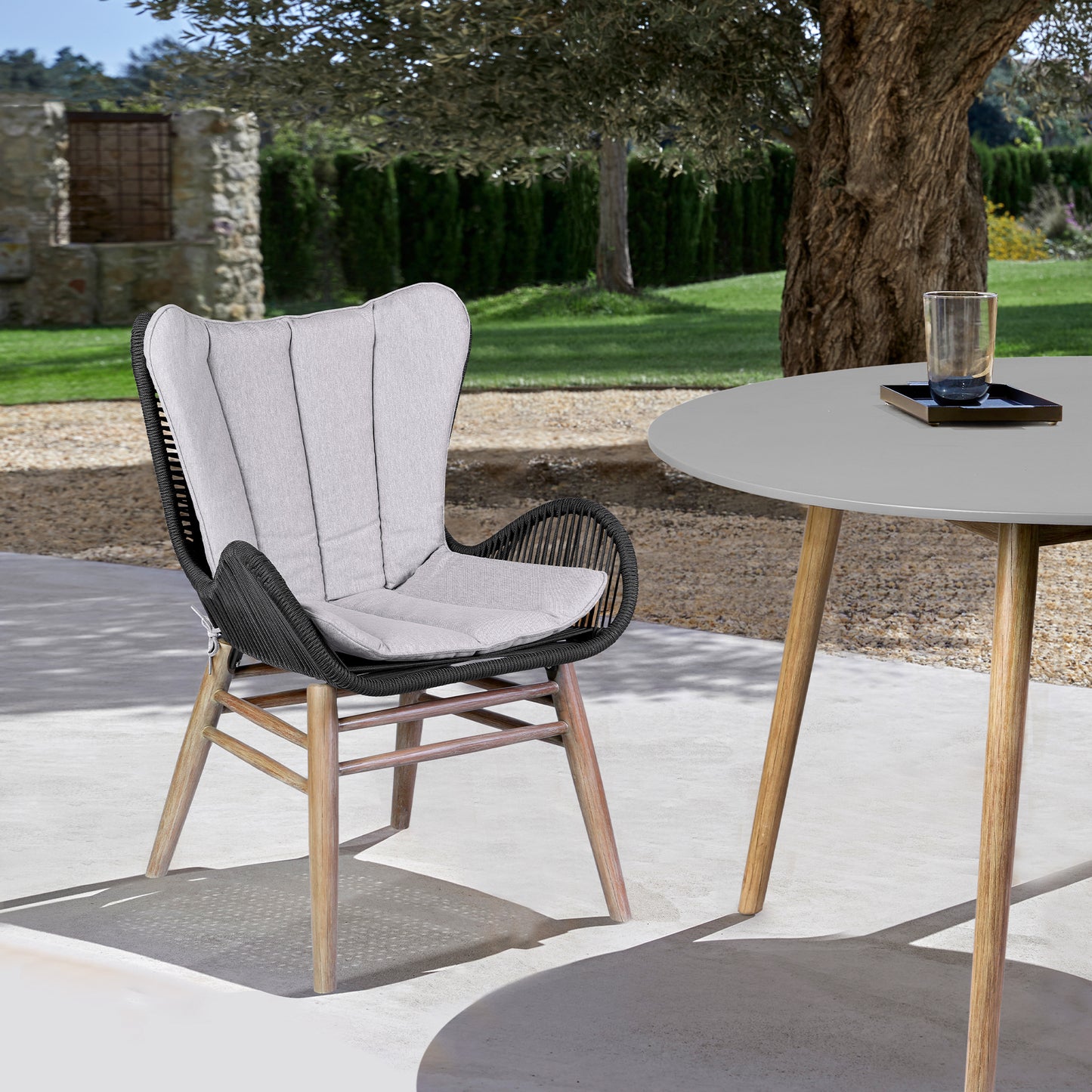 Mateo Outdoor Patio Dining Chair in Light Eucalyptus Wood and Charcoal Rope