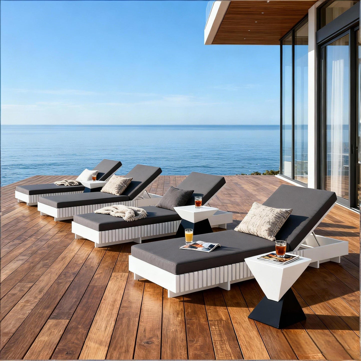 White Acacia Solid Wood Outdoor Chaise Lounge with Dark Grey Water-Repellent Cushion, 400lbs Capacity, Modern Patio Sun Lounger for Garden, Poolside