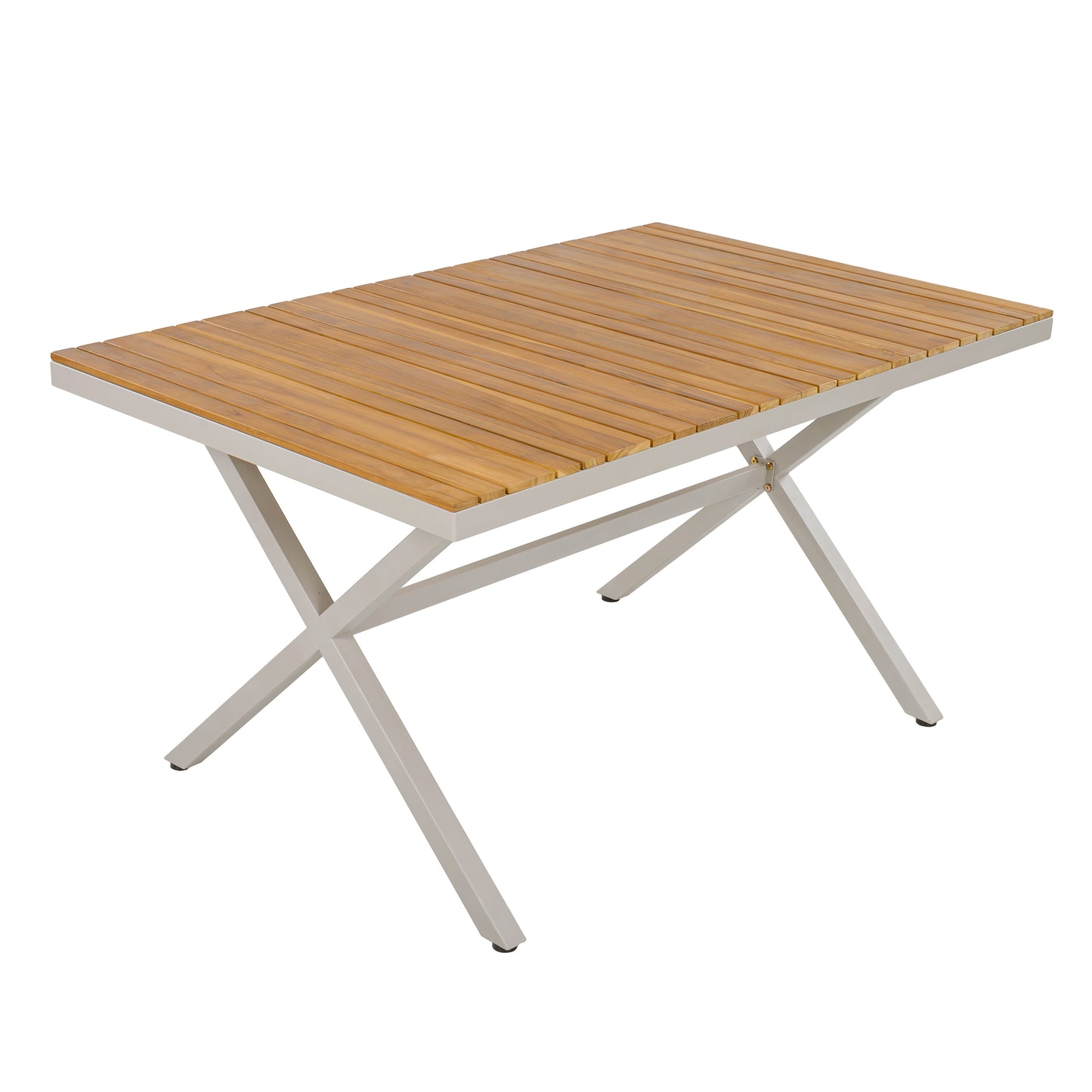 Teak Wood Top with Beige Steel Frame Outdoor Dining Table, 55.12" Rectangular Patio Table with X-Shaped Legs, Weather-Resistant for Backyard, Garden, Deck and Poolside