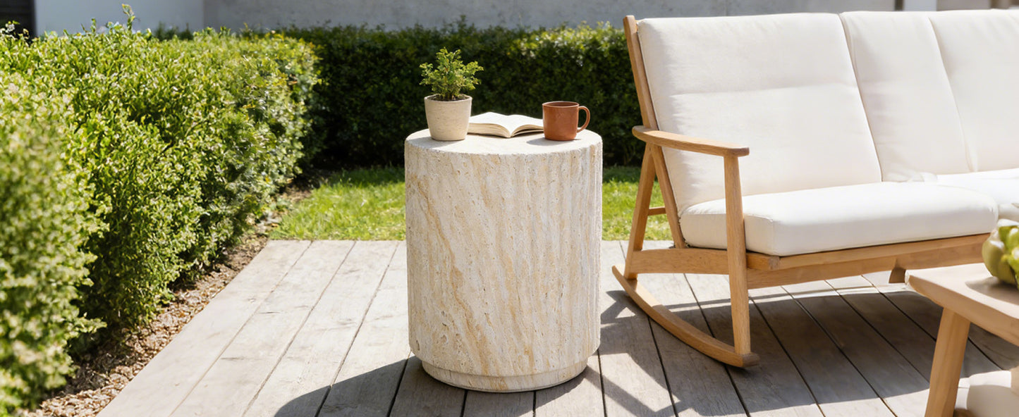 U_Style COSIEST Outdoor Side Table, Cylinder Shaped MgO Patio End Table, Lightweight Accent Table with Wave Design, Round Plant Stand Tool for Garden And Balcony