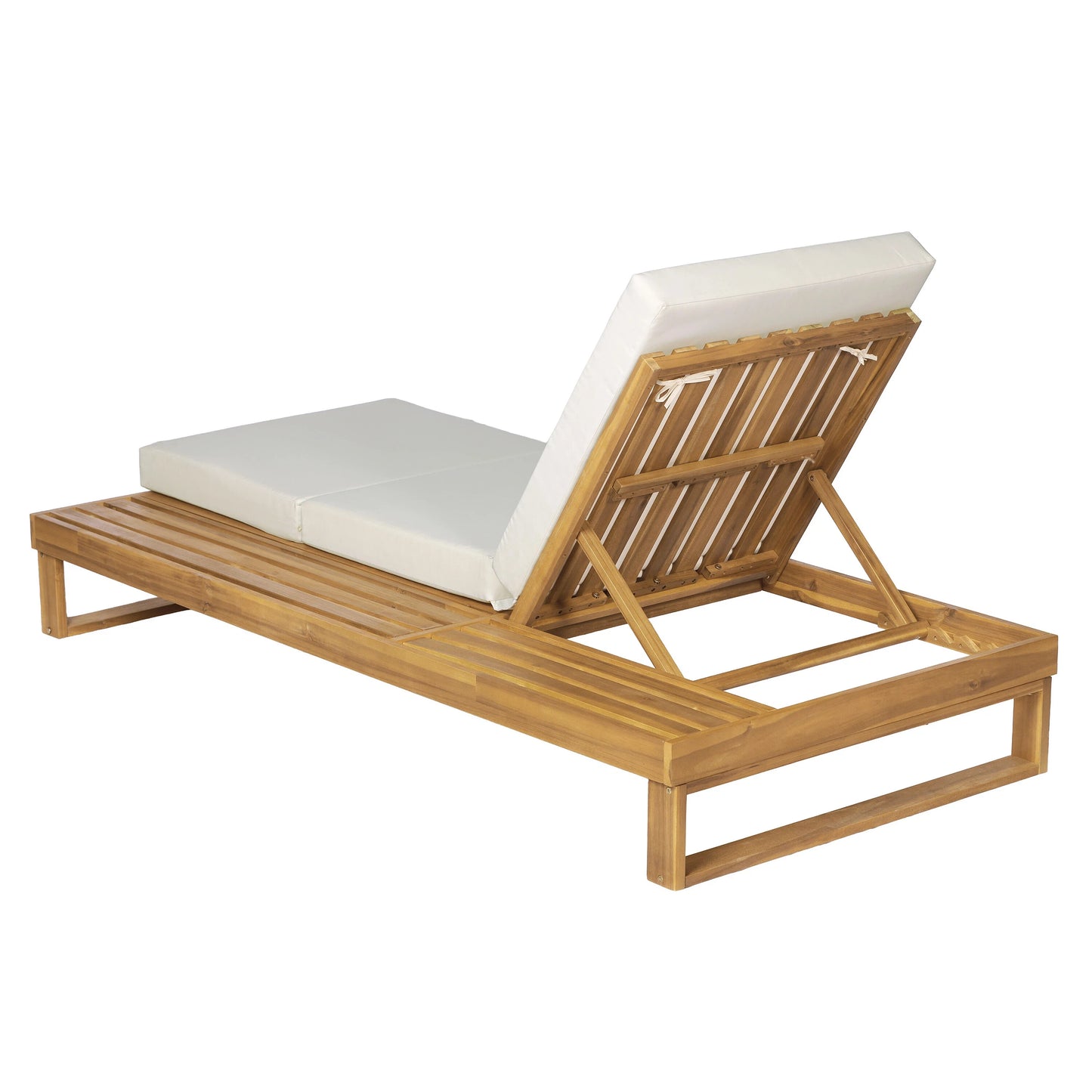 Teak Finish Acacia Wood Chaise Lounge with 4-Inch Cream 3-Fold Water-Resistant Cushion Set, 4-Position Adjustable Outdoor Patio Lounger with Flat Side Surface, for Poolside-Matching dark grey version