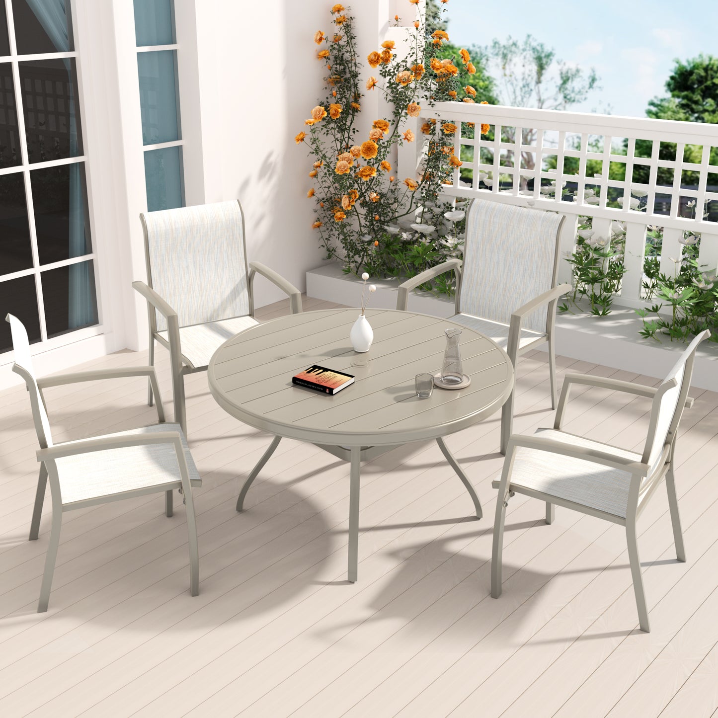 VRSHWO"Outdoor Round Patio Dining Table for 4-6, All Weather Metal Dining Table with Umbrella Hole for Deck Lawn Garden Backyard, Sandstone Color