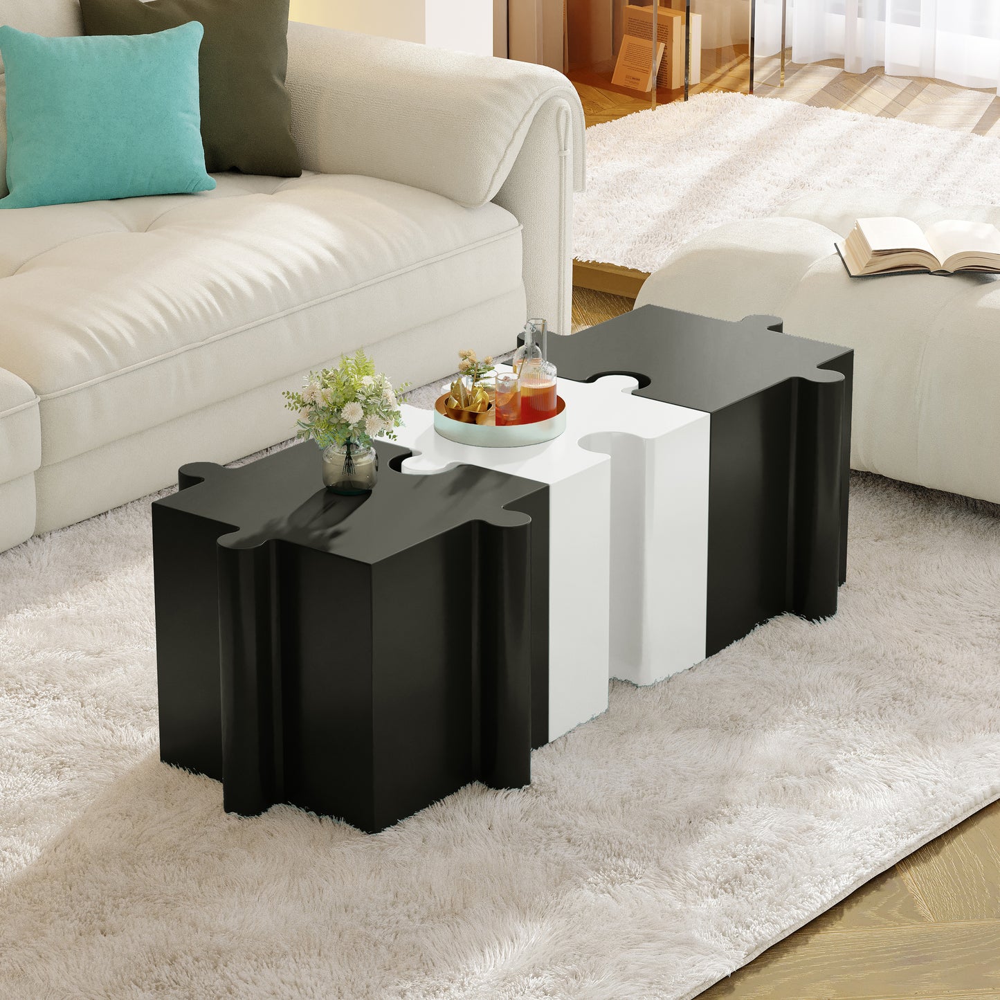 Puzzle Art Side Table, Modular Concave Edge MGO Table - Buy Singles or Combine for Custom Layouts, Indoor & Outdoor,White Color