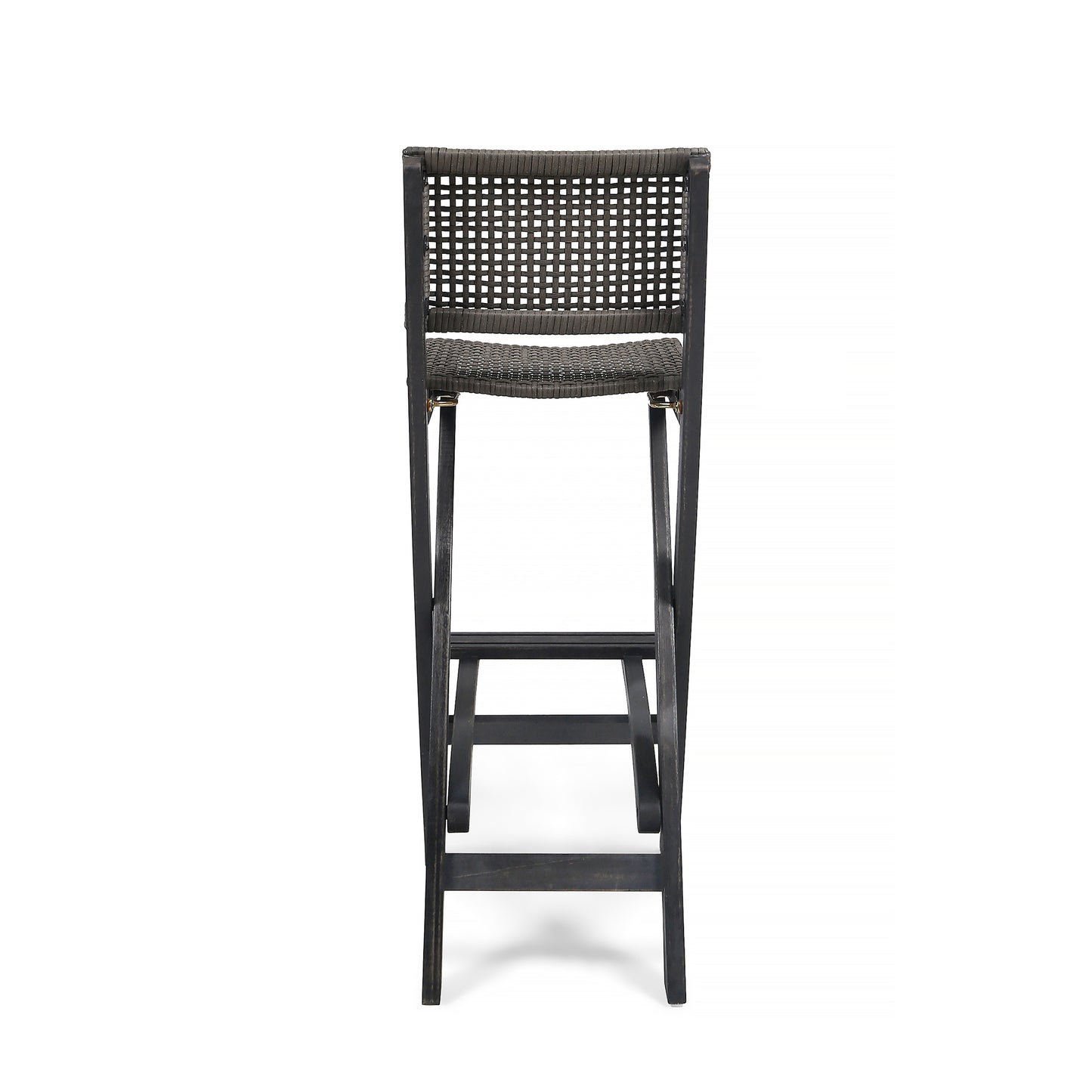 41.75" Outdoor Folding Acacia Wood Barstools with PE Rattan Backrest and Seat, Dark Grey Finish (Set of 2)