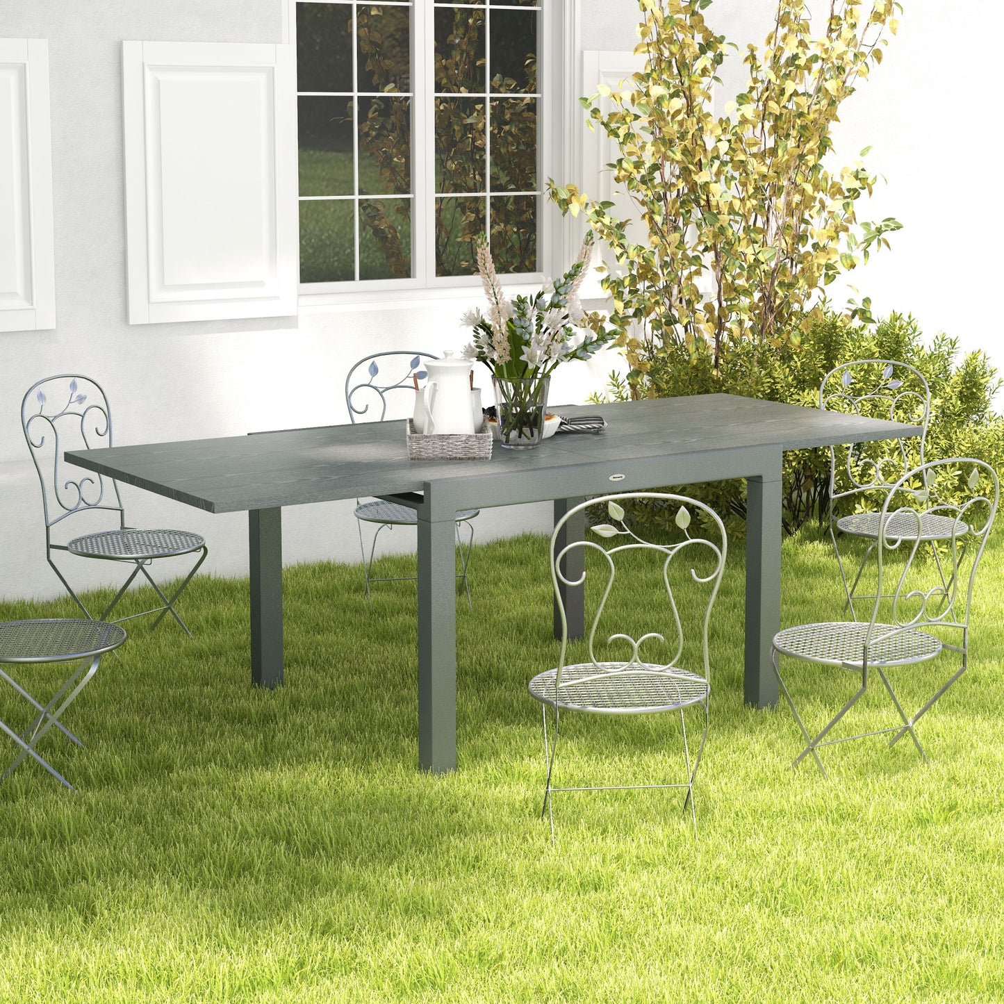 Outsunny Extendable Outdoor Dining Table, 41"- 83" Aluminum Frame Patio Table with Wood Effect Steel Top, Rectangle Expandable Patio Table for 6-8, Dark Gray