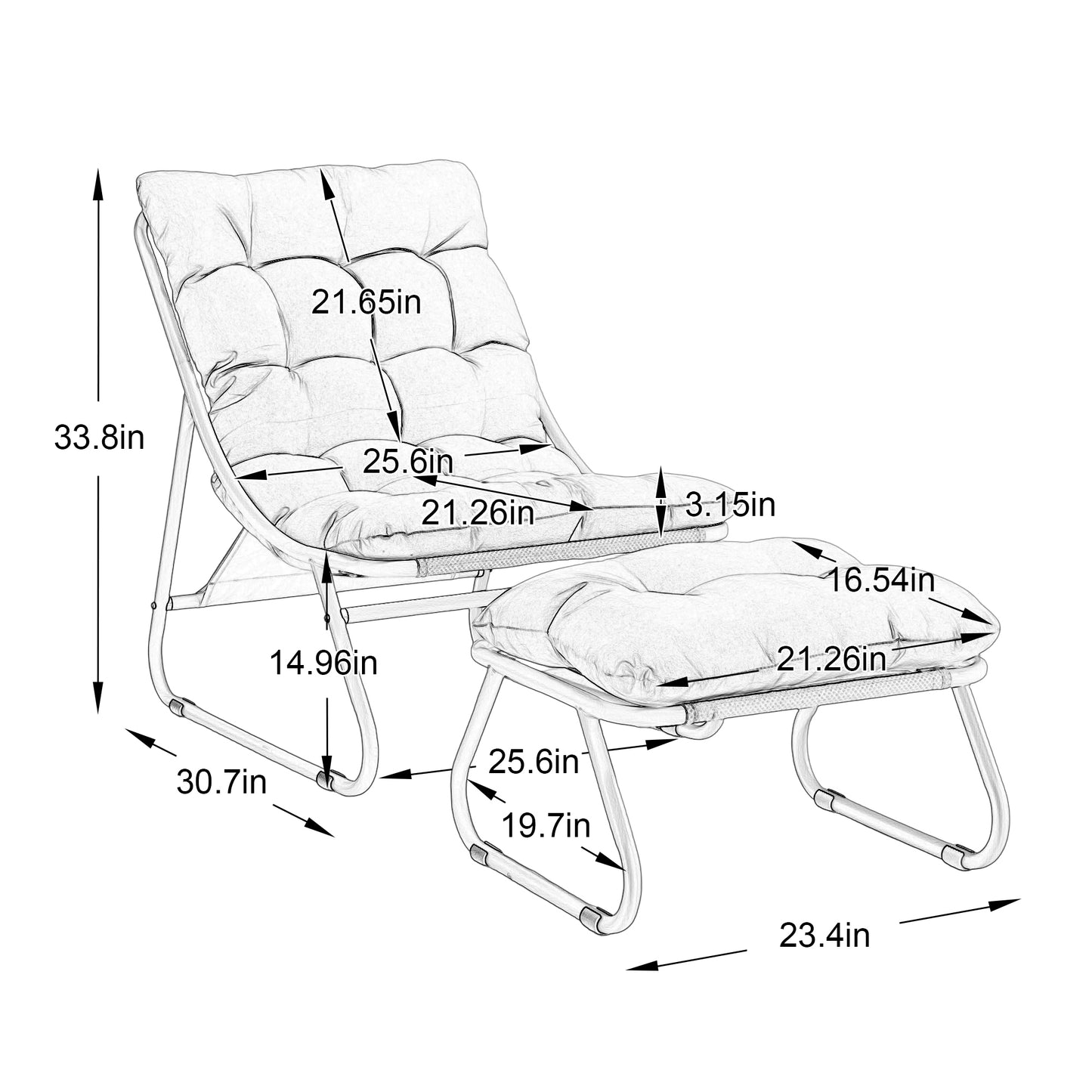 Patio Outdoor Lounge Chair with Ottoman, Comfy Sling Recliner Chair with Puffy Cushion and Foot Stool, Ideal for Living Room, Bedroom, Reading Room, Beige frame with beige cushion