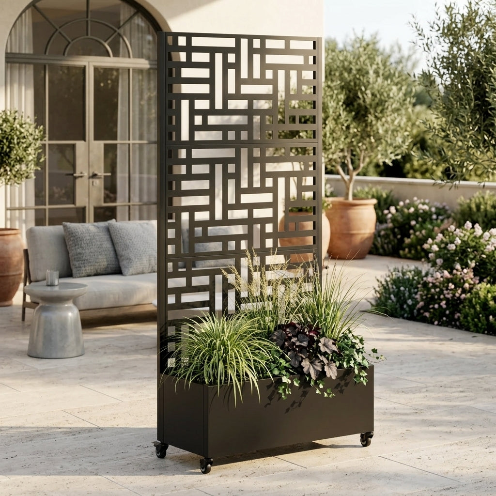 Metal Planter Box with Trellis, 73"x35"x16 Metal Raised Garden Bed with Trellis, Metal Planter Box with Drainage Holes & Lockable Wheels & Privacy Screen for Climbing Plants, Vegetables, Vines