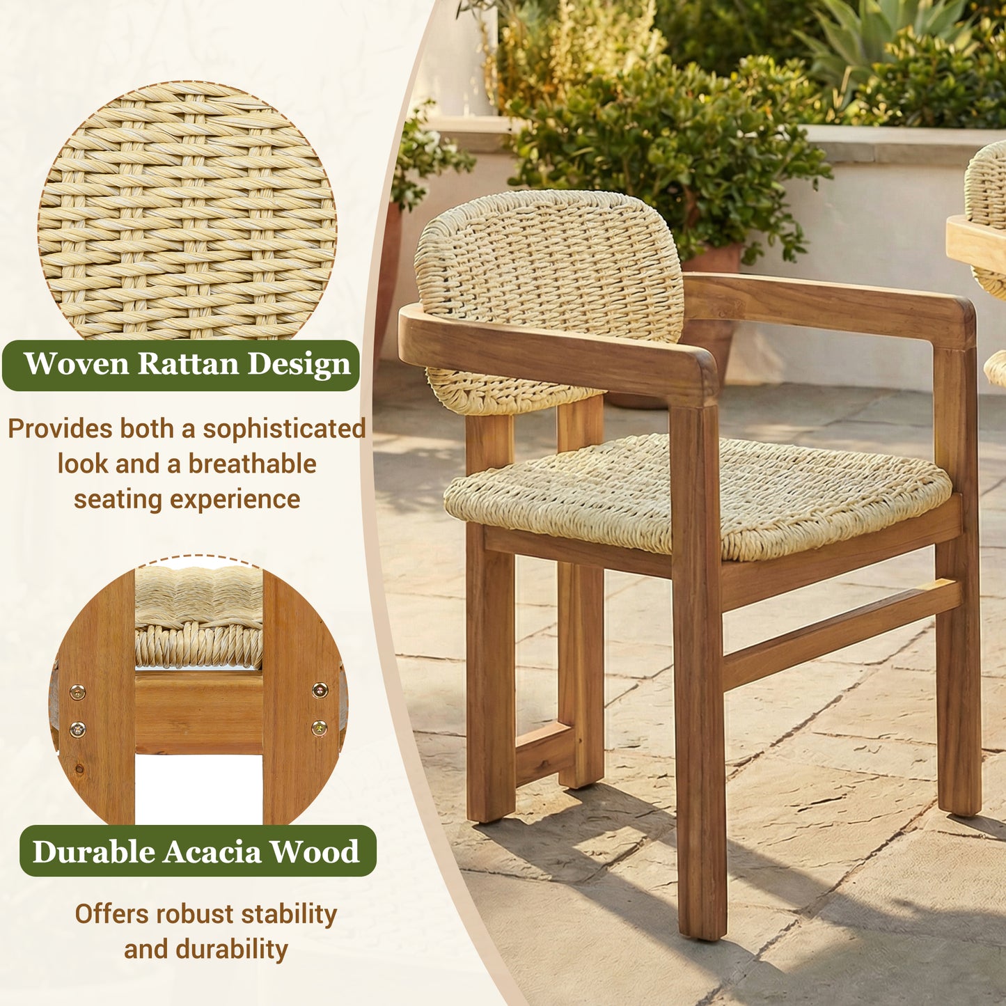Outdoor Woven Rattan Chair Set Two Accent Chairs Stylish Outdoor Armchairs 2 Person Seating Group Ergonomic Garden Chairs for Patio, Outdoor, Teak Finish+Natural Rattan