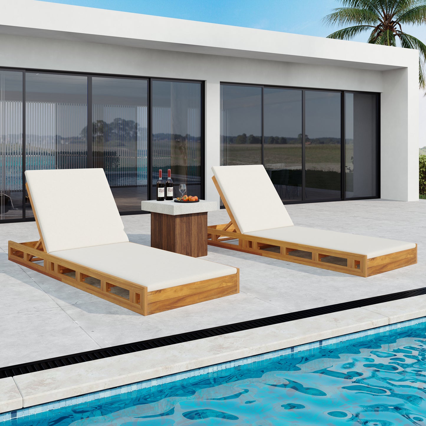 LOUNGE CHAISE SET,ACACIA WOOD WITH WATER-RESISTANT LOUNGE CUSHIONS (CREAM & 2 INCH THICK) - MATCHING DARK GREY/LEAF COCONUT VERSION AVAILABLE