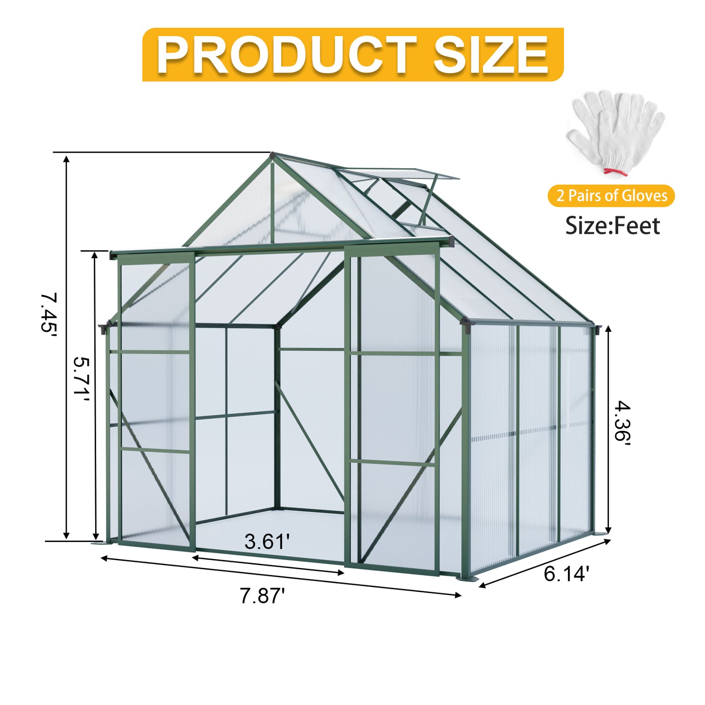 8X6FT-Green Double Door Polycarbonate Greenhouse Raised Base and Anchor Aluminum Heavy Duty Walk-in Greenhouses for Outdoor Backyard in All Season