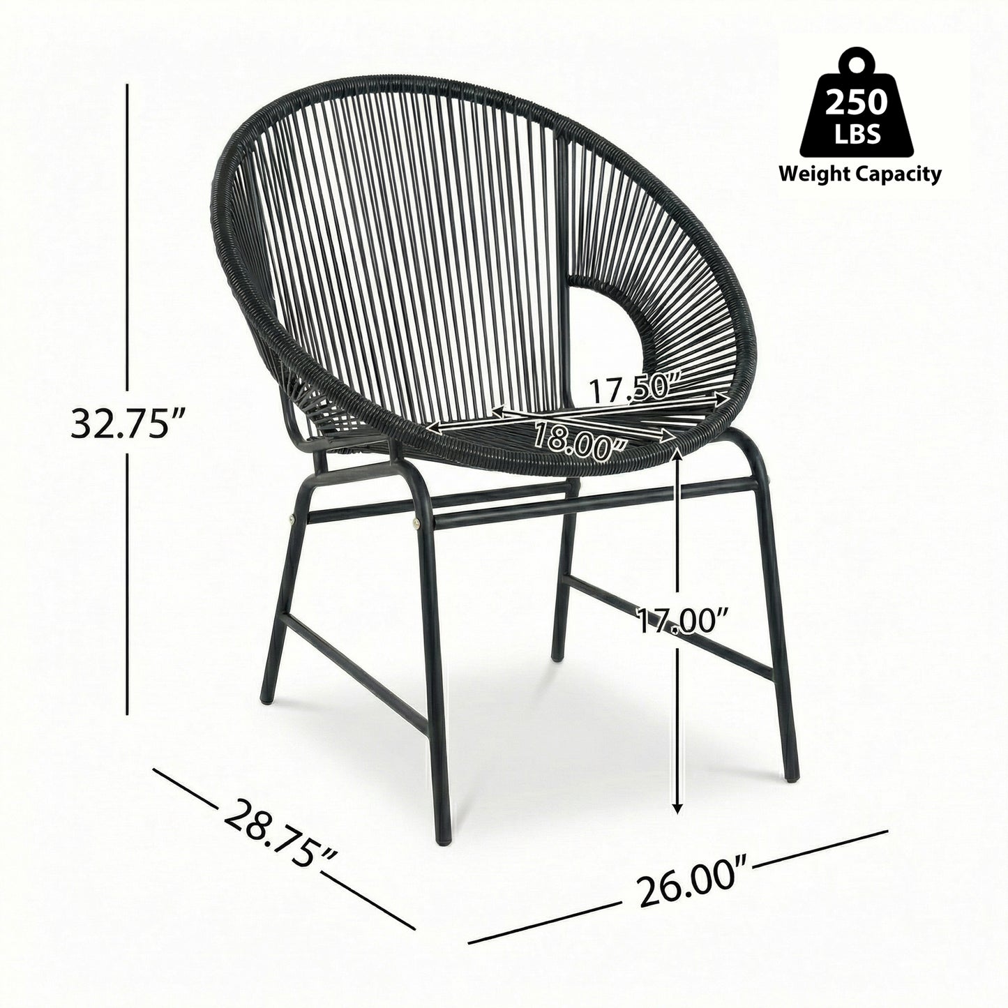 NUSA OUTDOOR PATIO WICKER CHAIR, BLACK PE RATTAN & IRON FRAME, SET OF 2