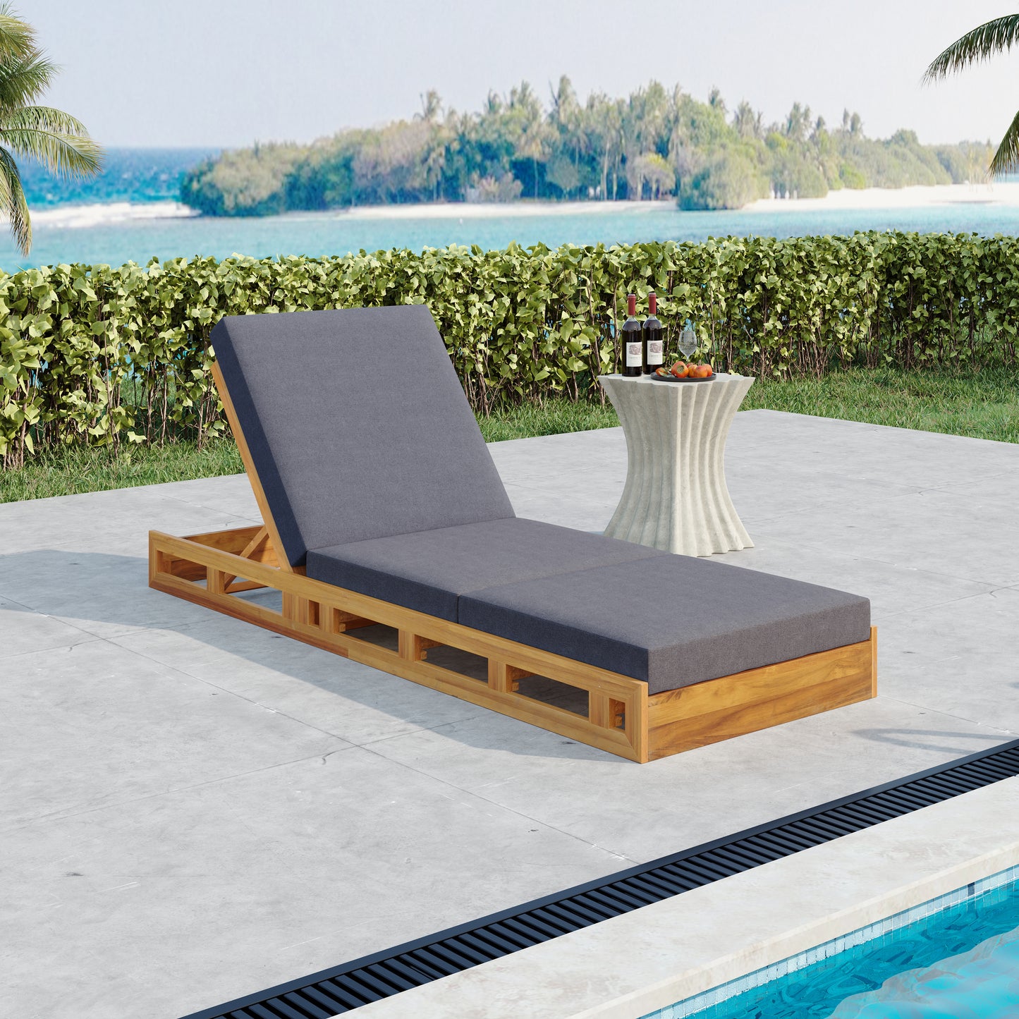 LOUNGE CHAISE SET, ACACIA SOLID WOOD WITH LOUNGE CUSHION (DARK GREY & TRIPLE FOLD) - MATCHING CREAM VERSION AVAILABLE