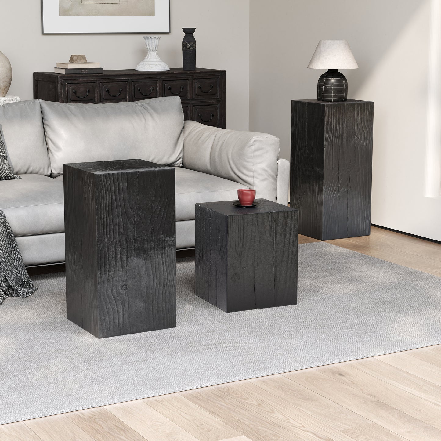 Retro natural style Side Table Set ,Stackable End Tables,Square-Column MGO Side Table for for Living Room, Bedroom, Office, Black Color