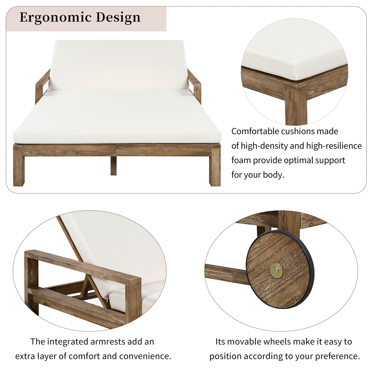 TREXM 1-Piece Farmhouse-styled Wooden Outdoor Sunbed for Ultimate Relaxation Outdoor Daybed Seating 2 People for Poolside, Garden and Backyard (Beige)