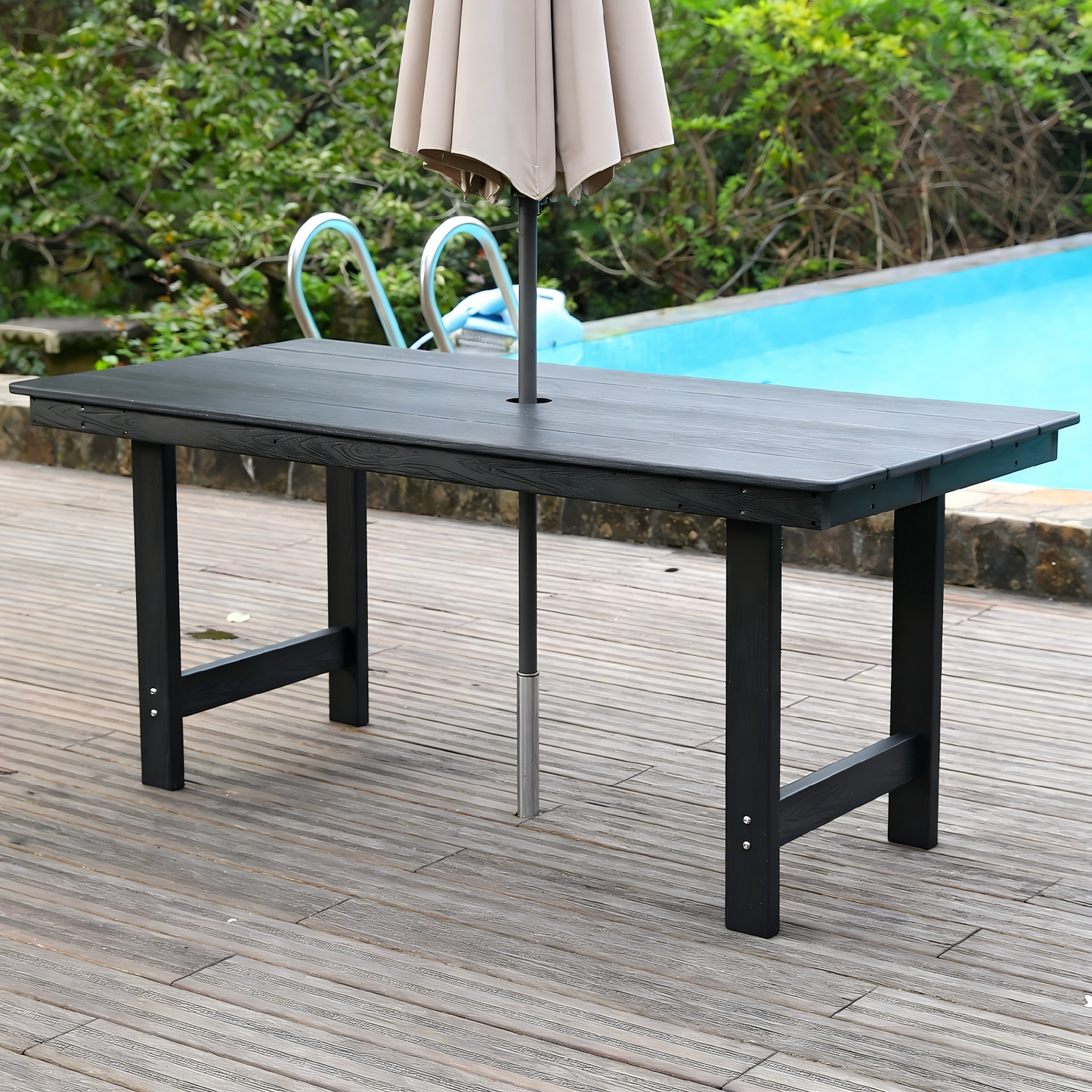 HDPE Patio Dining Family Table, coffee table, outdoor table for 4-6 People with Umbrella Hole for Backyard, Garden, Pool, Black