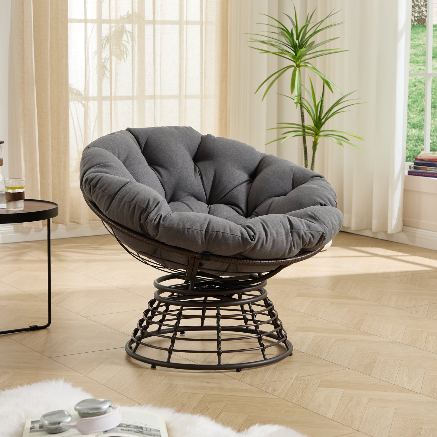 Comfortable Ergonomic Wicker Papasan Chair, 360° Swivel Indoor Outdoor Rattan Chair with Soft Thick Cushion, Ideal for Living Room, Bedroom, Reading Room, Brown Frame with Grey Cushion