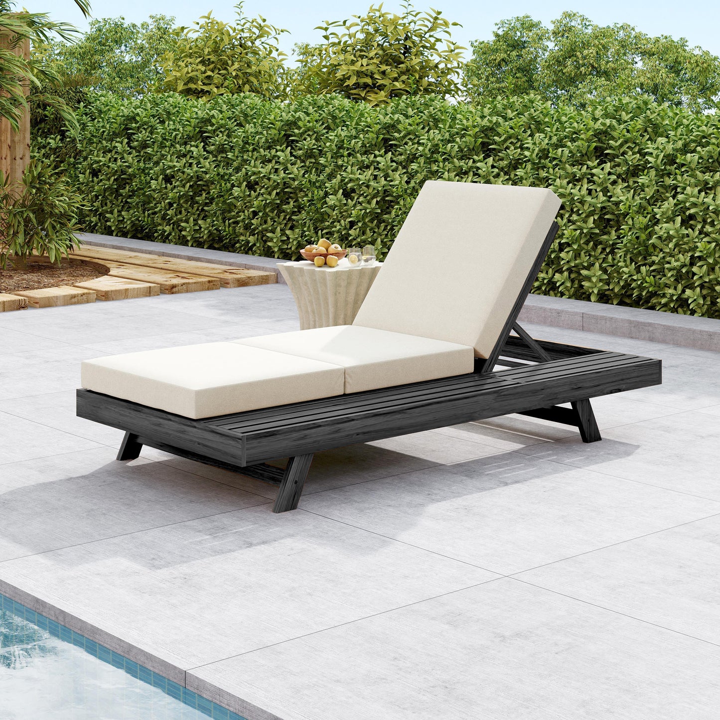 Lounge Chaise Set, Space Available On One Side, Acacia Solid Wood In Black With Lounge Cushion (Cream & Triple Fold) – Matching Dark Grey Version Available