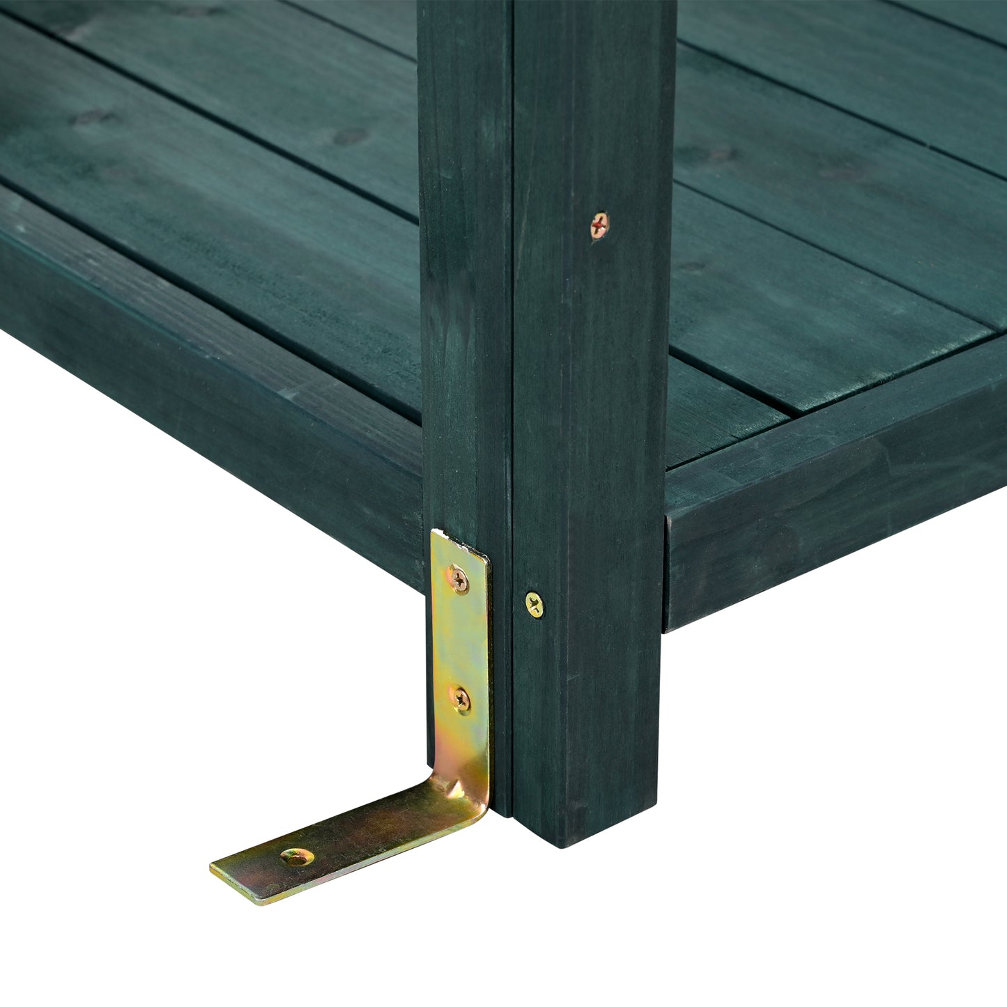 TOPMAX 65" Large Wooden Farmhouse Rustic Outdoor Potting Bench Table, Patio Workstation, Garden Potting Bench with 4 Storage Shelves and Side Hook, Forest Green