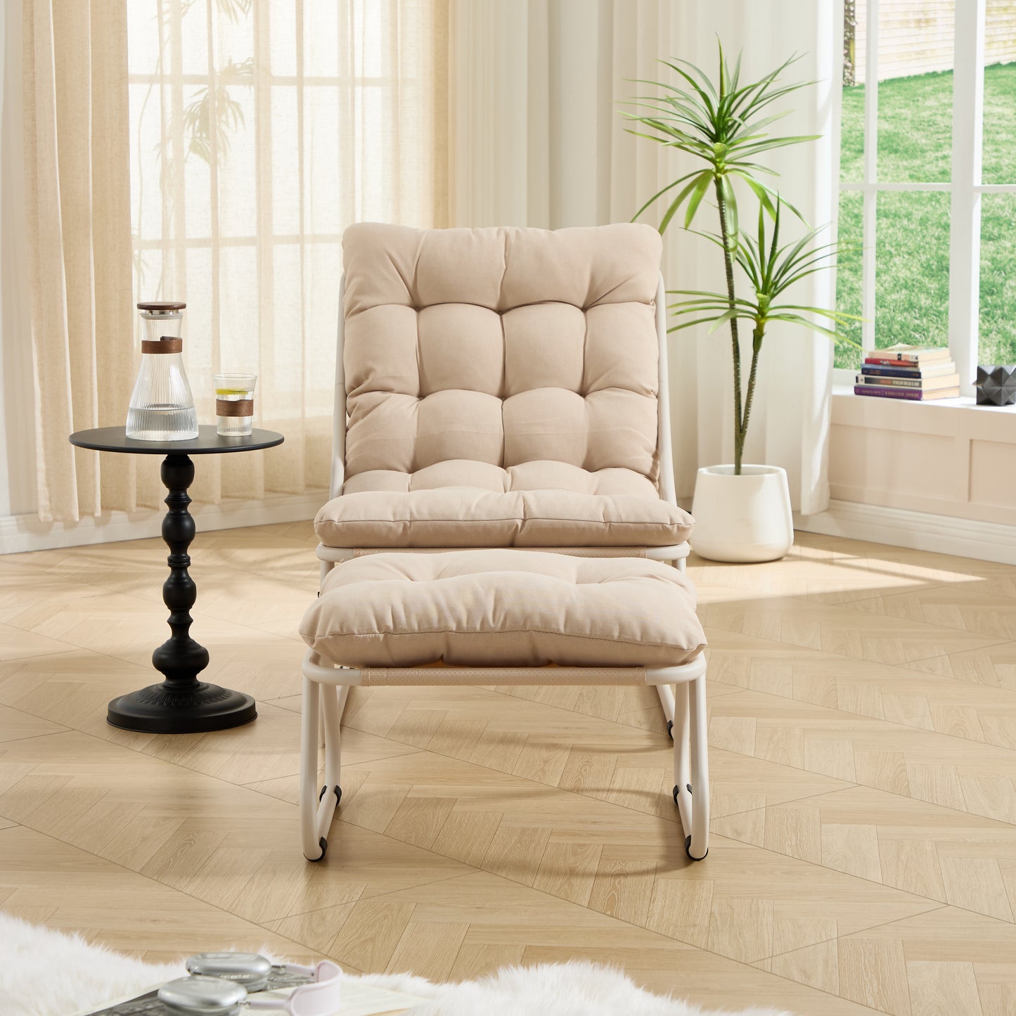 Patio Outdoor Lounge Chair with Ottoman, Comfy Sling Recliner Chair with Puffy Cushion and Foot Stool, Ideal for Living Room, Bedroom, Reading Room, Beige frame with beige cushion