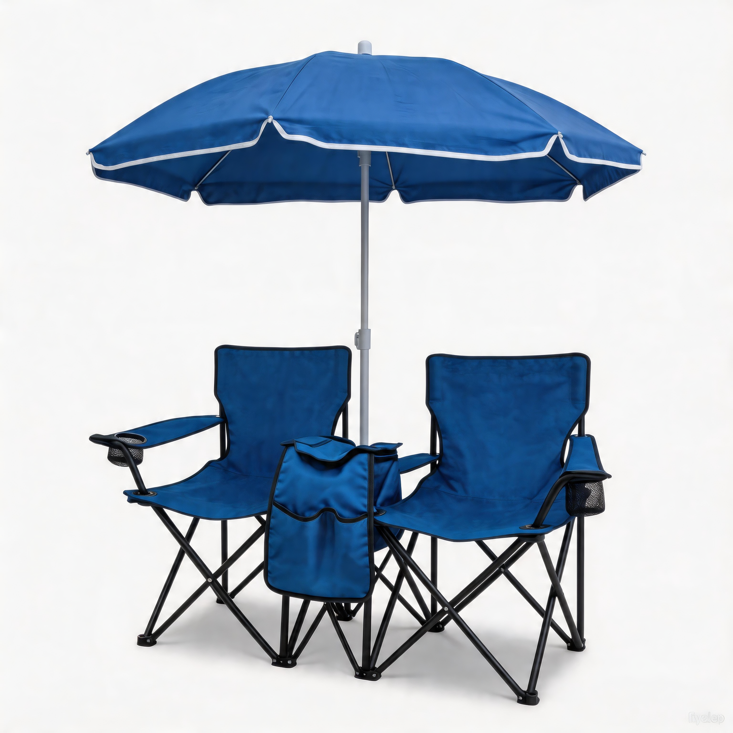 Portable Double Folding Beach Chair Set with Umbrella, 2-Person Outdoor Camping Chair with  Cup Holders, Foldable Patio Chair for Picnic, Backyard, Travel, Blue