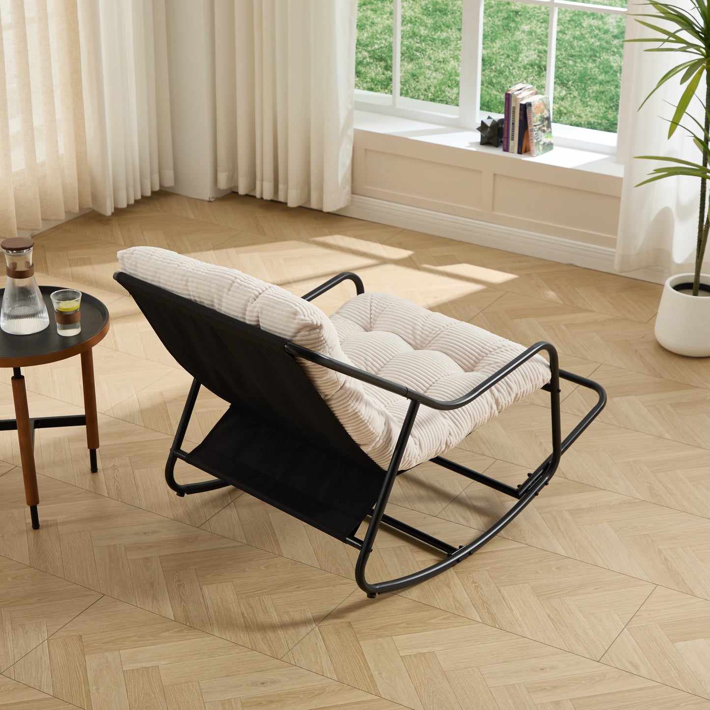 Outdoor Rocking Chair, Comfy Cushion, with Soft Thick Cushion,for Living Room, Bedroom, Reading Room, Black Frame with White Cushion