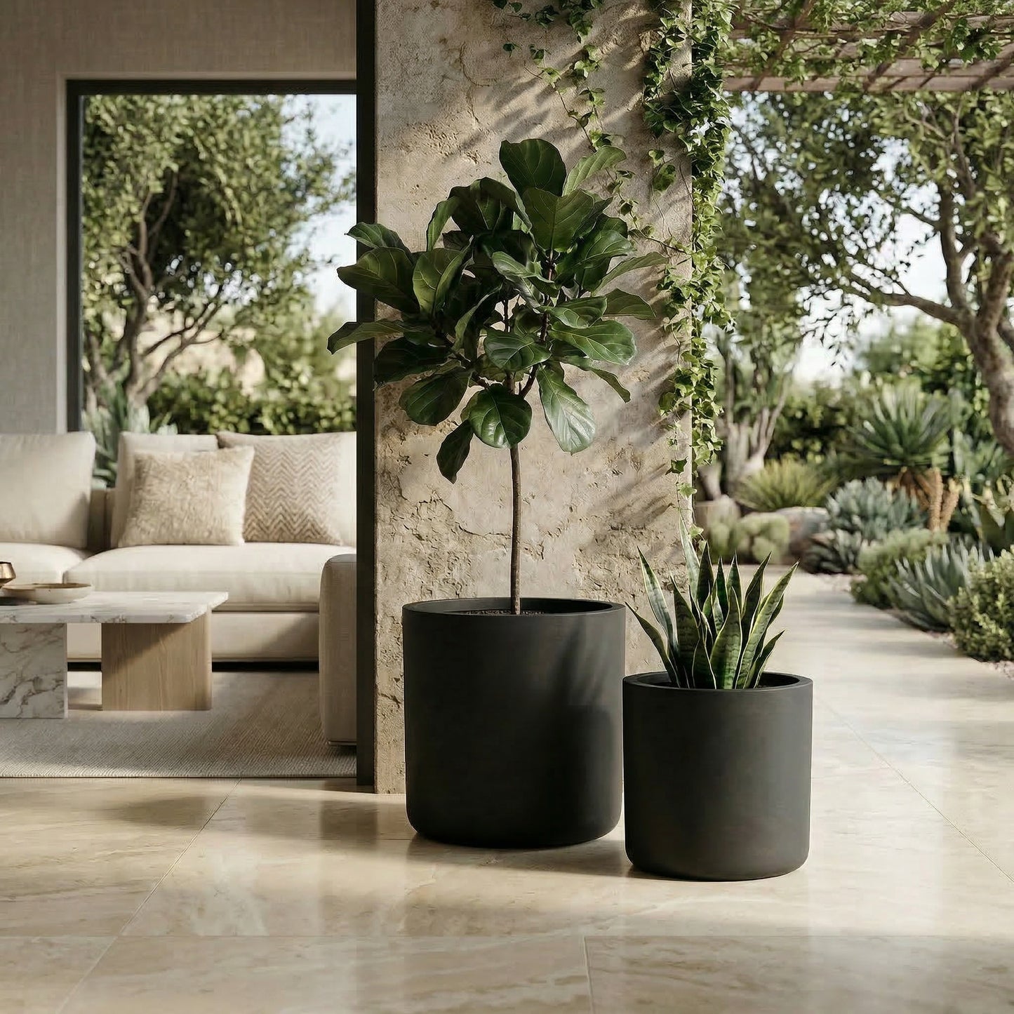 Round Concrete Planter Set of 2, Large Outdoor Indoor Handmade Rustic Decorative Planter Pots with Drainage Holes for Home Garden Patio, 13" x 13" & 16" x 16"(black)