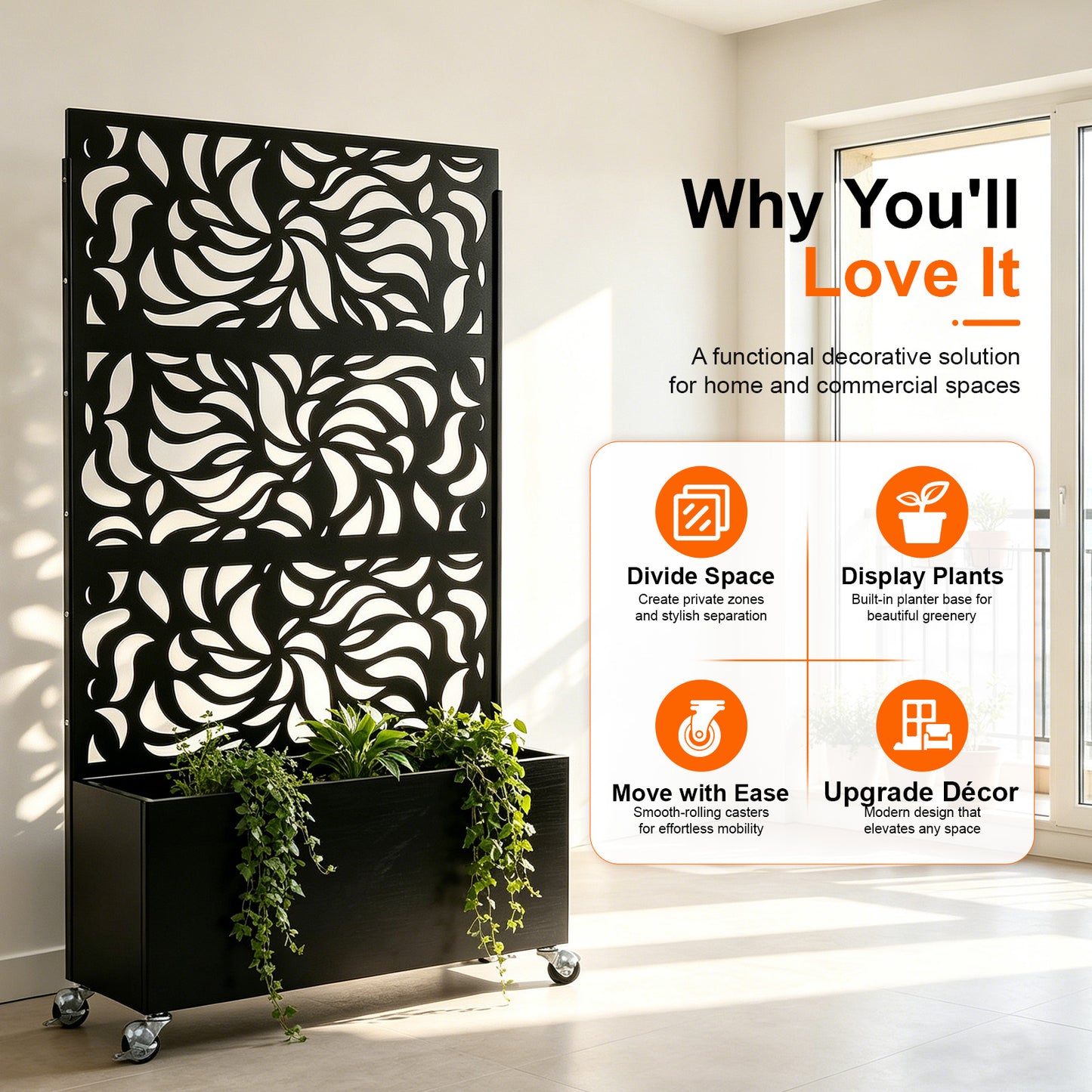 70.87" H × 46.06" W Leaf Pattern Privacy Screen with Planter Box, Black Metal Freestanding Decorative Fence Planter for Patio Balcony Backyard