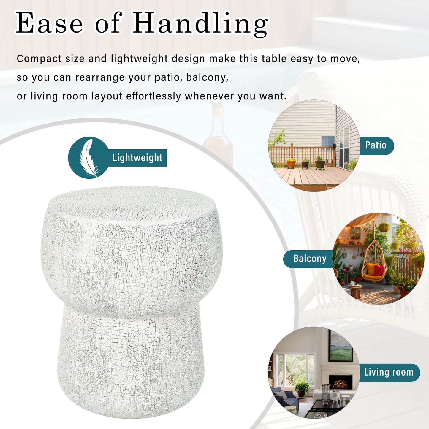 U_Style Outdoor Patio Accent Table with Crack process , Morden Concrete coffee Table with Double Barrel Shape Outdoor Side Table, Garden Stoolsl  for Patio,Garden, Backyard.