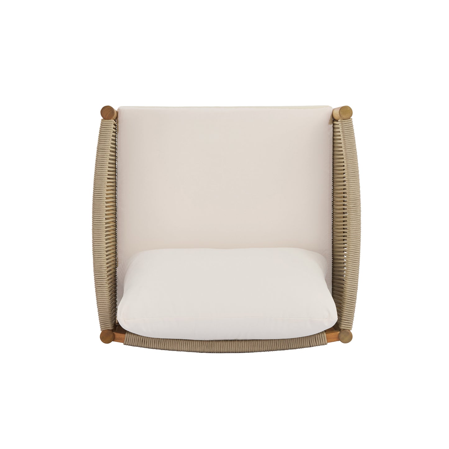 Outdoor Club Chair with Acacia Wood Frame in Teak Look, Beige Rope Panels and Cream Cushions