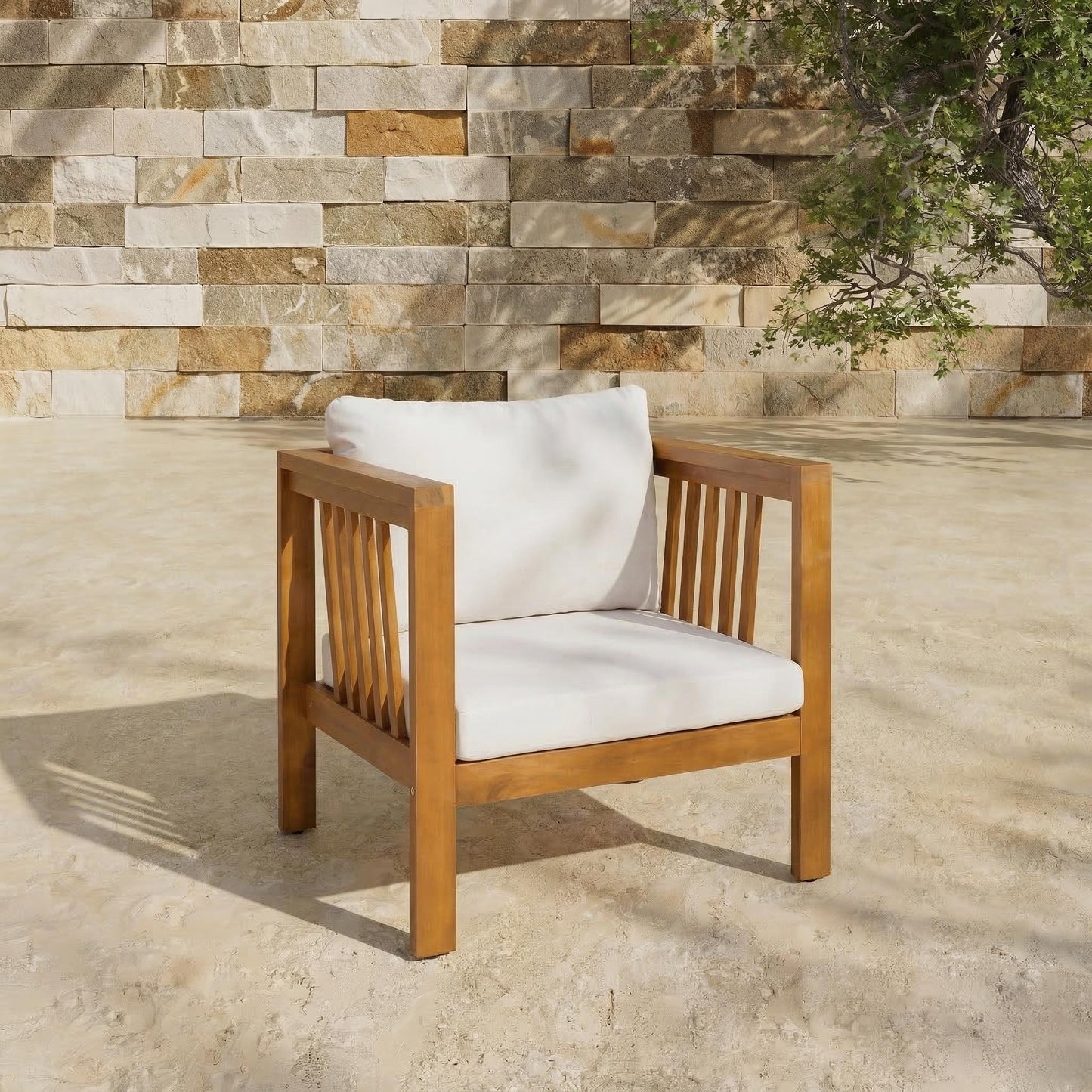Outdoor Acacia Wood Club Chair with Modern Square Arms, Patio Chair with Thick Cushion, Adjustable Leveling Feet for Poolside, Backyard & Deck, Beige Cushion