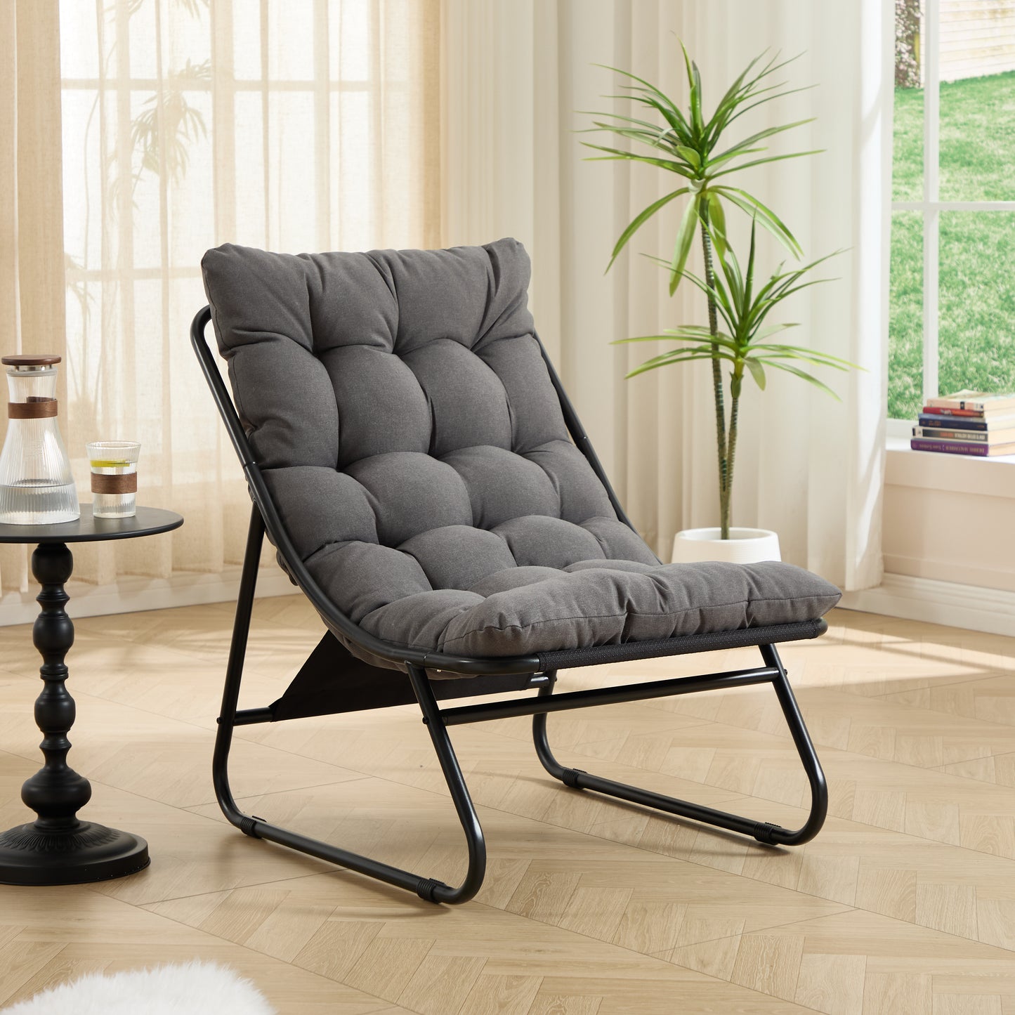 Patio Outdoor Lounge Chair with Ottoman, Comfy Sling Recliner Chair with Puffy Cushion and Foot Stool, Ideal for Living Room, Bedroom, Reading Room, Black frame with grey cushion