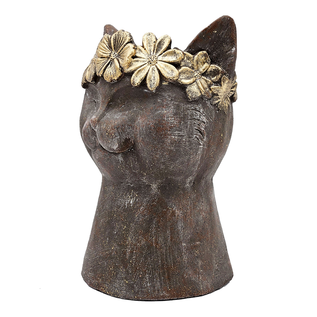 8.5x7.7x12.4" Magnesium Cat Statue Planter with Textured Brown Finish and Gold Leaf Crown