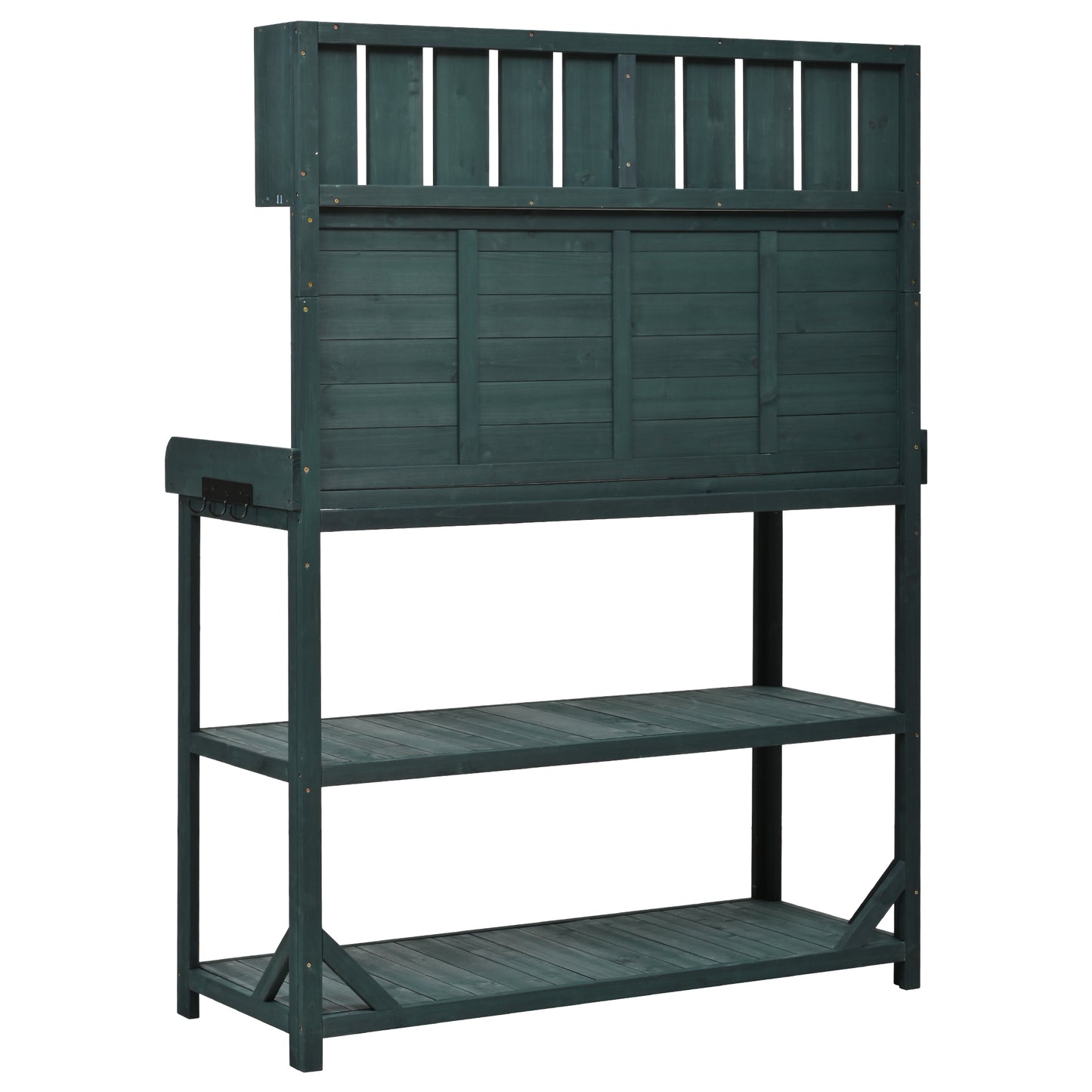 TOPMAX 65" Large Wooden Farmhouse Rustic Outdoor Potting Bench Table, Patio Workstation, Garden Potting Bench with 4 Storage Shelves and Side Hook, Forest Green