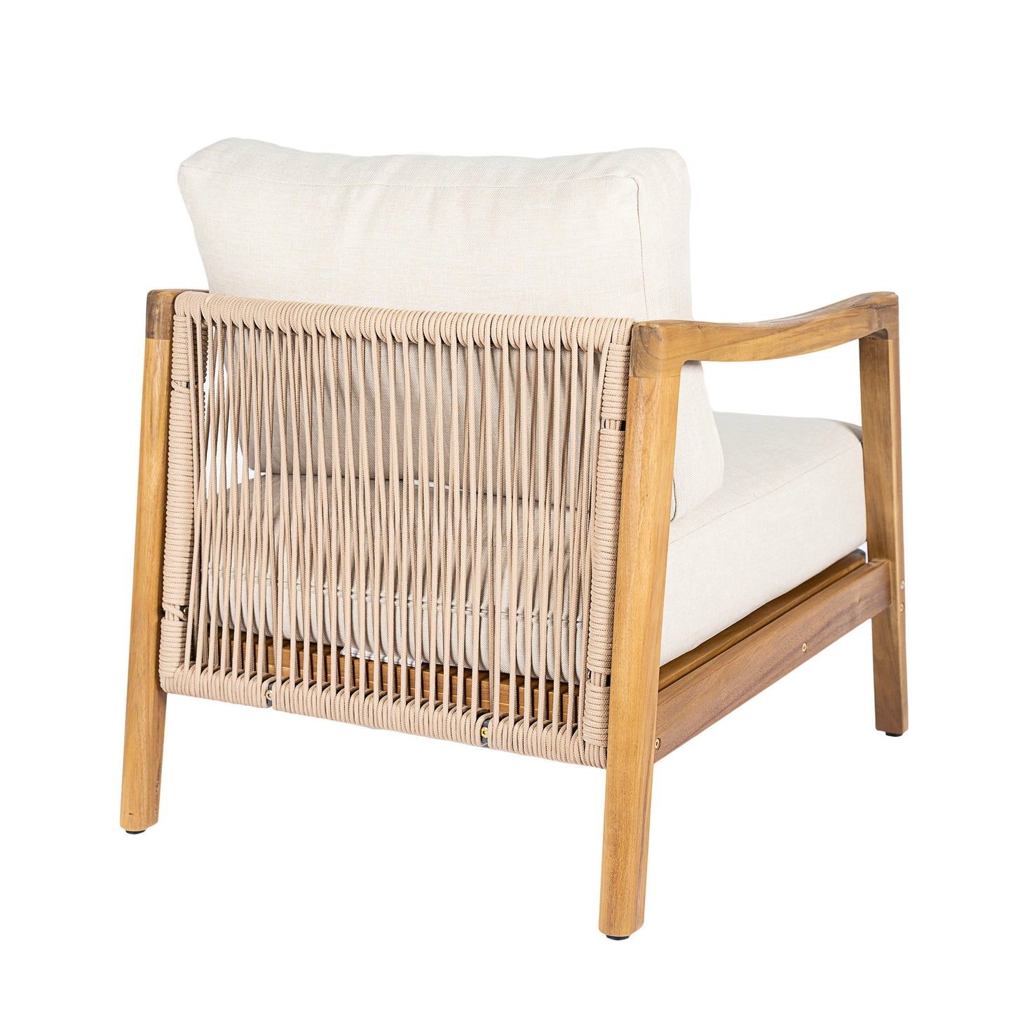 Outdoor Club Chair , Acacia Wood Frame with Rope Back Detail, Water-Repellent Beige Cushions for Patio/Backyard/Deck