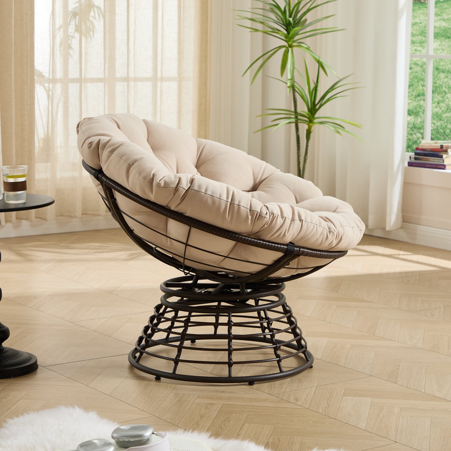 Comfortable Ergonomic Wicker Papasan Chair, 360° Swivel Indoor Outdoor Rattan Chair with Soft Thick Cushion, Ideal for Living Room, Bedroom, Reading Room, Brown Frame with Beige Cushion
