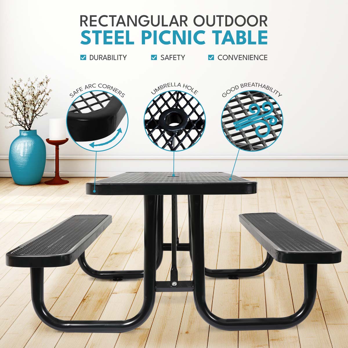 6 ft. Rectangular Outdoor Steel Picnic Table with umbrella pole in Black