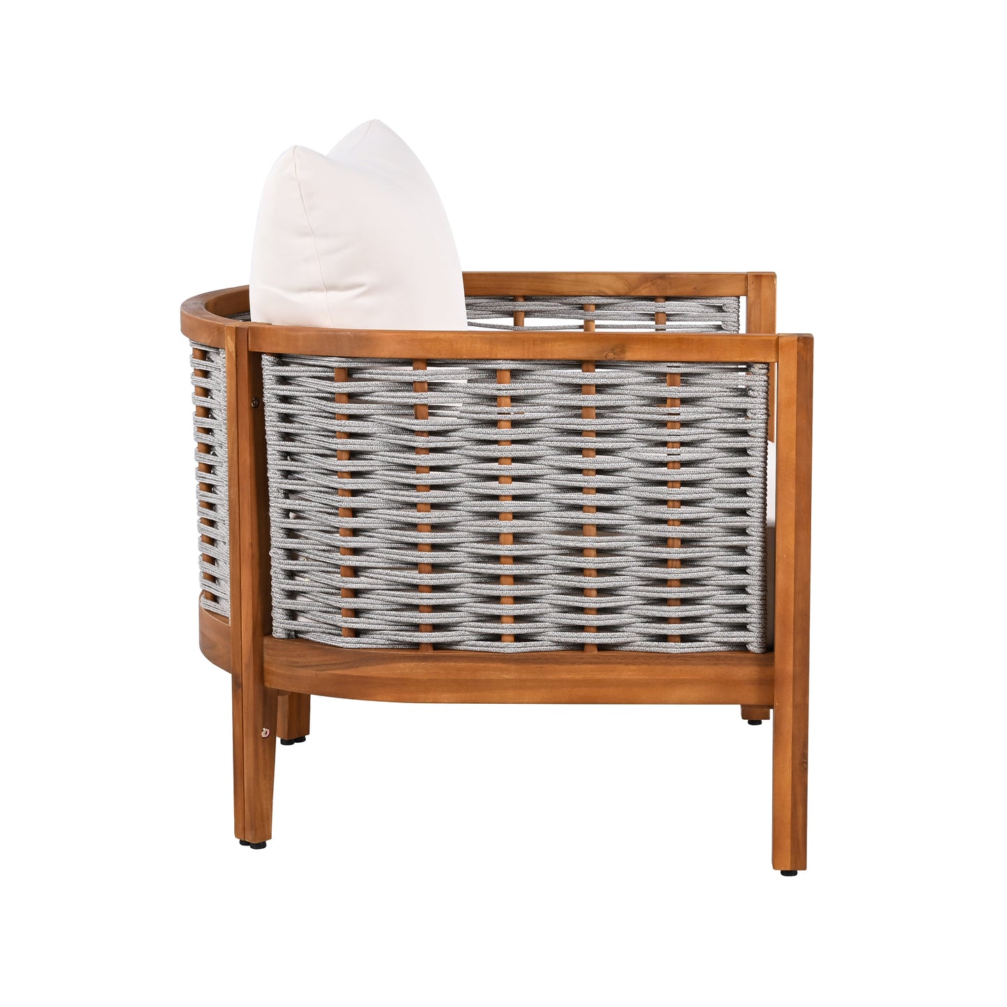 2 Pieces Outdoor Unique Tub Design Armchair with Woven Rope, Patio Furniture Acacia Wood Chair, Deep Seating with Soft Cushions for Porch, Garden, Backyard, Balcony, Teak Finish & Beige Cushion