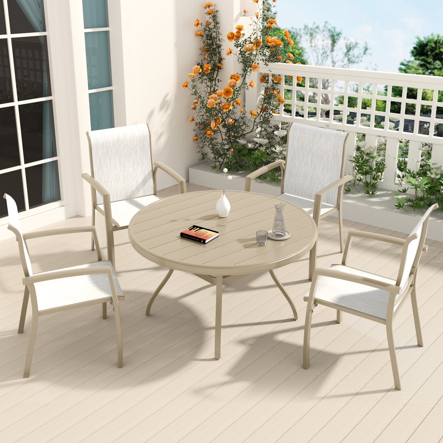 VRSHWO Garden Patio Chairs Set of 2, Weather Metal Outdoor Dining Chairs , Garden, Poolsides, Cream Color Frame