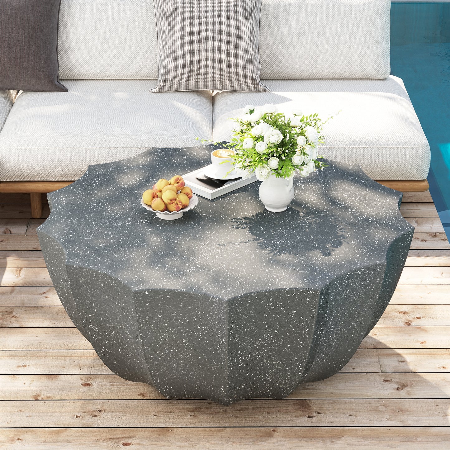 35.43" Modern Outdoor and Indoor Waterproof Coffee Table, Durable MgO Cement Design, Suitable for Terraces, Gardens, Backyards and Living Rooms ( Grey)