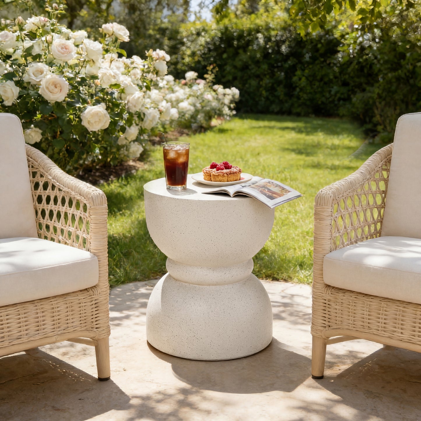 U_Style Outdoor Concrete Side Table,Rounded Waist Outdoor End Tables, Decorative Garden Stools for Indoor Outdoor With Imitation Natural Stone Texture Patio Accent Side Table