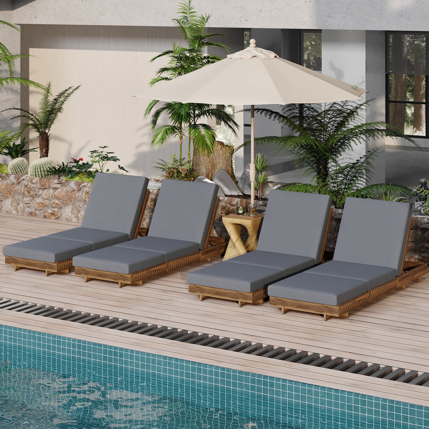Lounge chaise Set, Acacia solid wood with  LOUNGE CUSHION (Dark Grey+TRIPLE FOLDS) - Matching Cream Version Available
