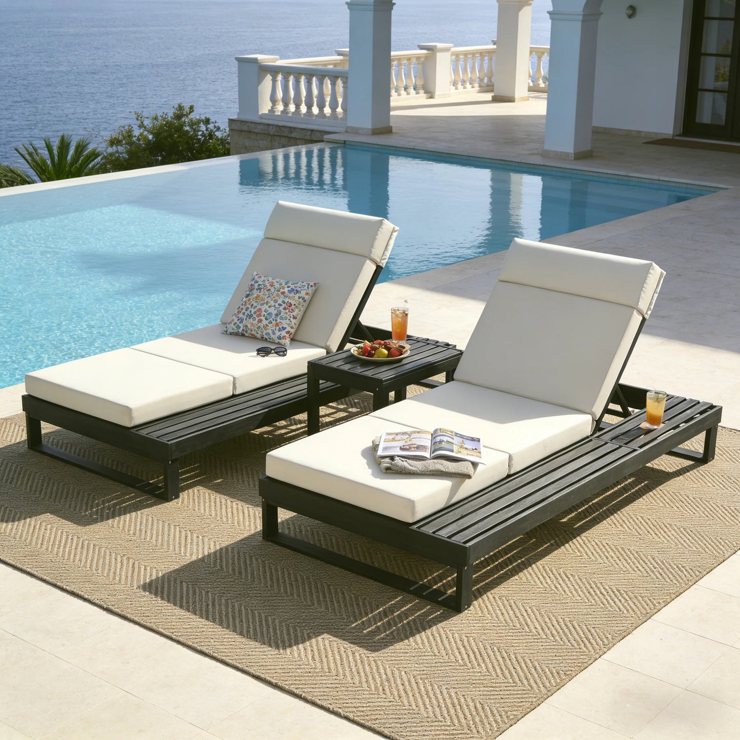 Black Acacia Wood Chaise Lounge with 4-Inch Beige 4-Fold Cushion Set, Adjustable Outdoor Patio Lounger with Flat Side Surface, for Poolside- Matching cream,dark gray version available