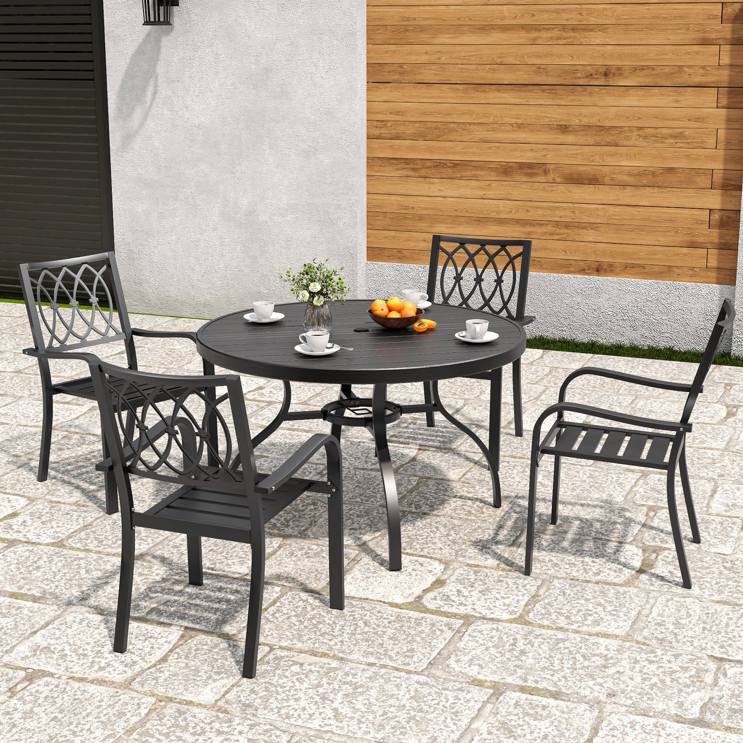 Round Faux Wood Slat Patio Table 47" with Umbrella Hole, Realistic Wood Grain Top + Matte Black High-Quality Iron Legs, Rust-Resistant Outdoor Dining Table for Garden Patio Balcony